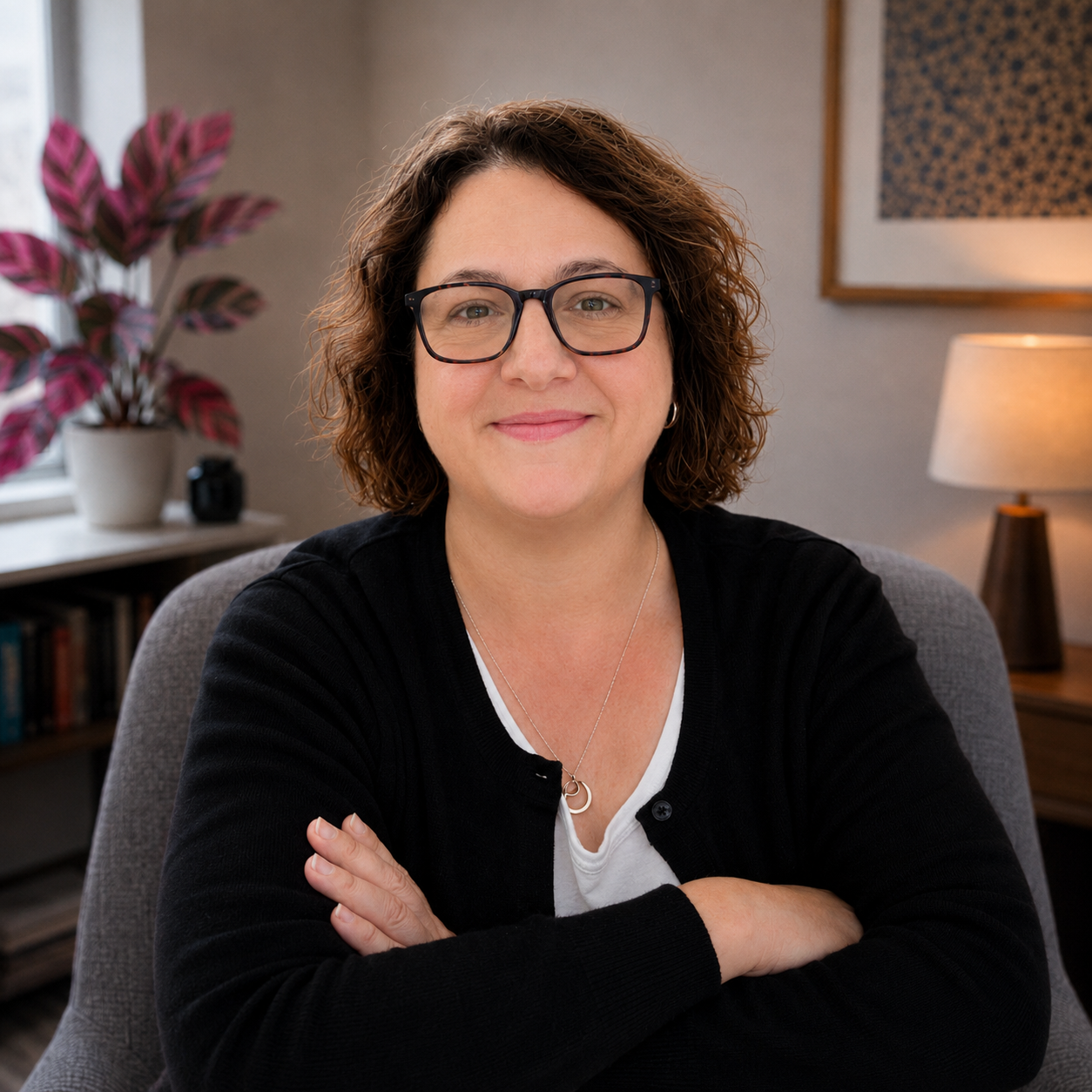 Stephanie Green, psychologist specialising in adult ADHD, seated confidently in her therapy office