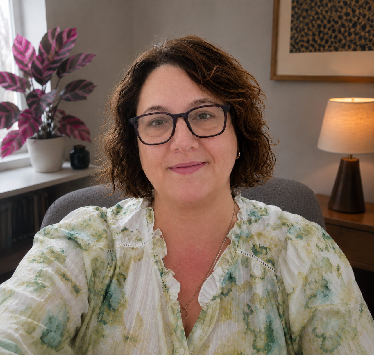 Stephanie Green, ADHD psychologist, smiling warmly in her consulting room in a floral green top