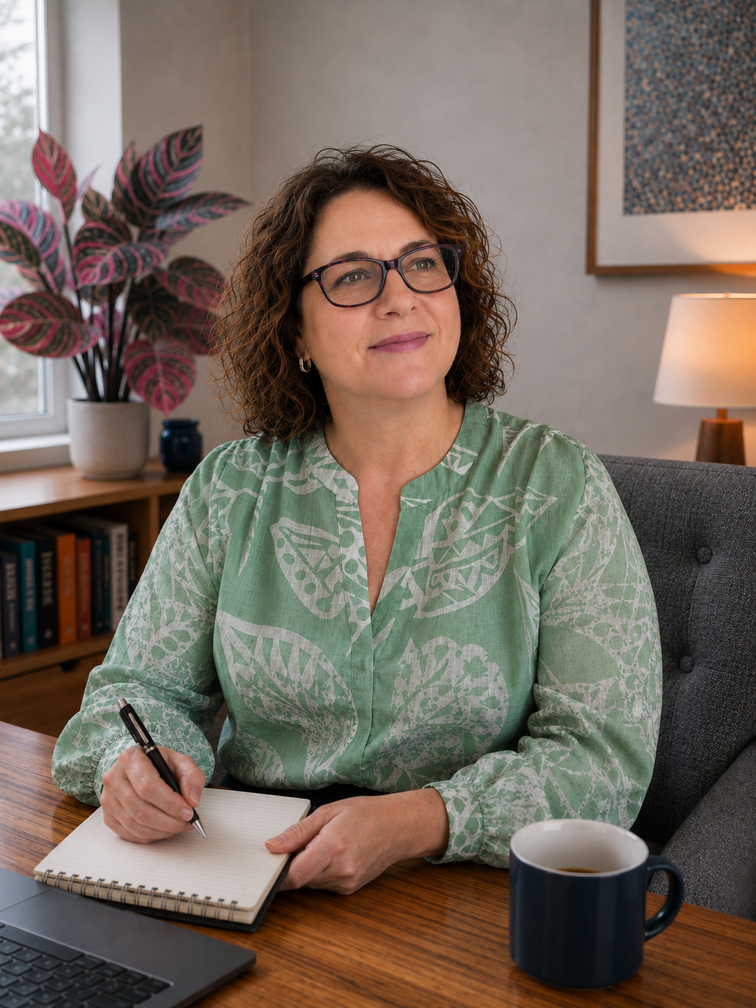 Stephanie with curly brown hair, glasses, and a green patterned blouse sitting at a wooden table with a notebook, pen, and a blue mug, in a room with a potted plant, books, a window, and a lamp.