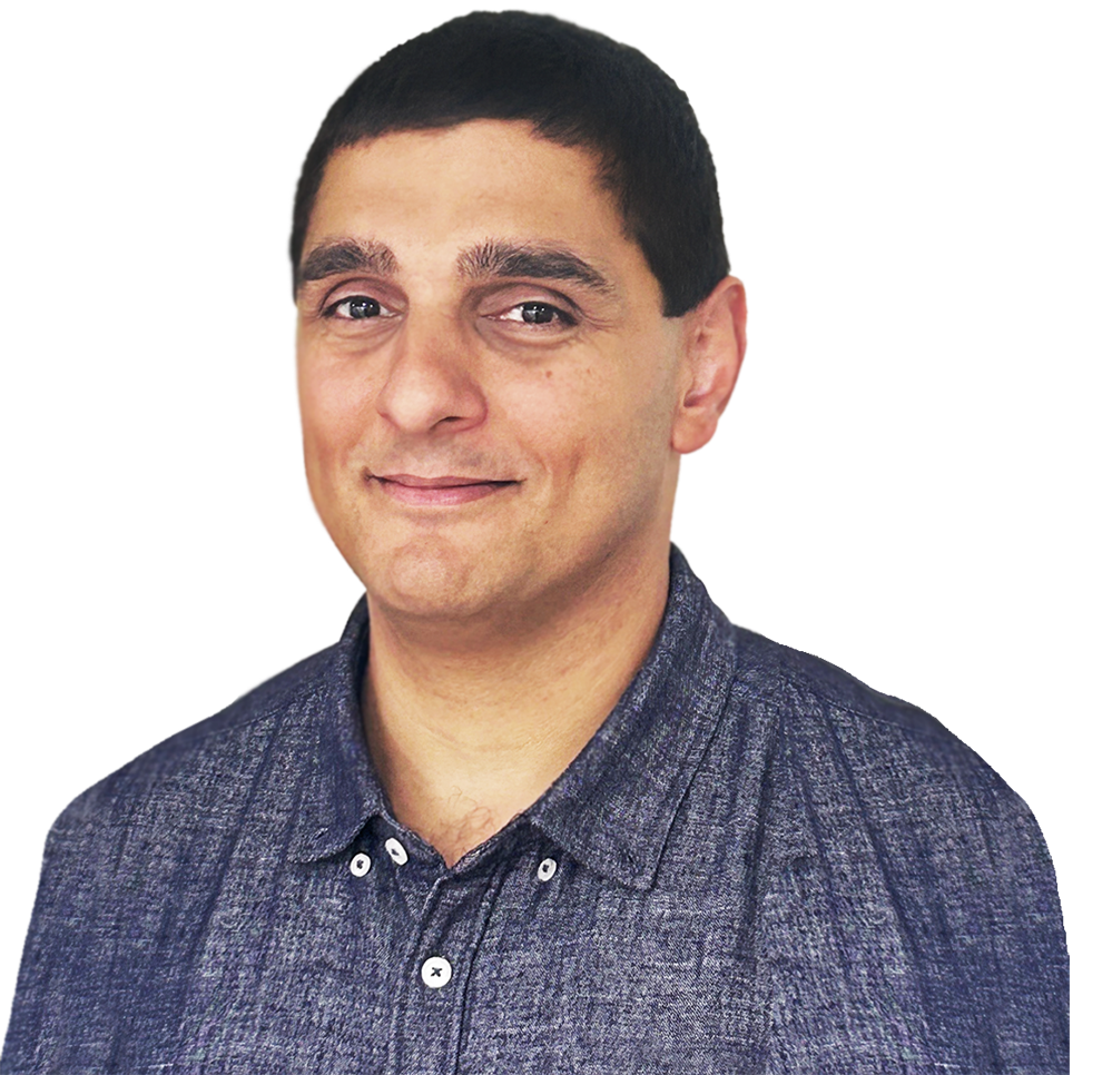 Smiling man in a gray shirt on a white background