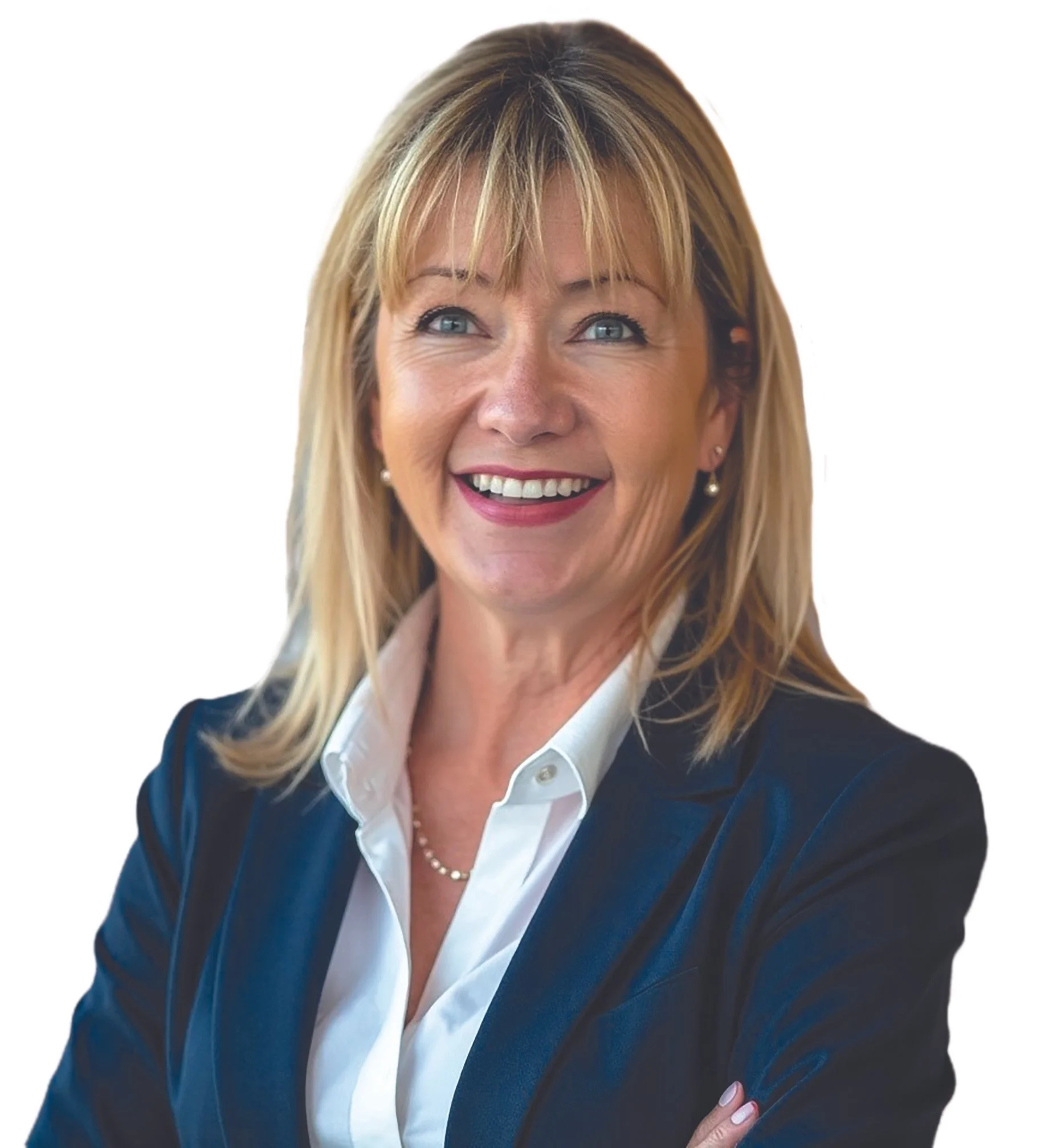 Smiling woman in a business suit with crossed arms