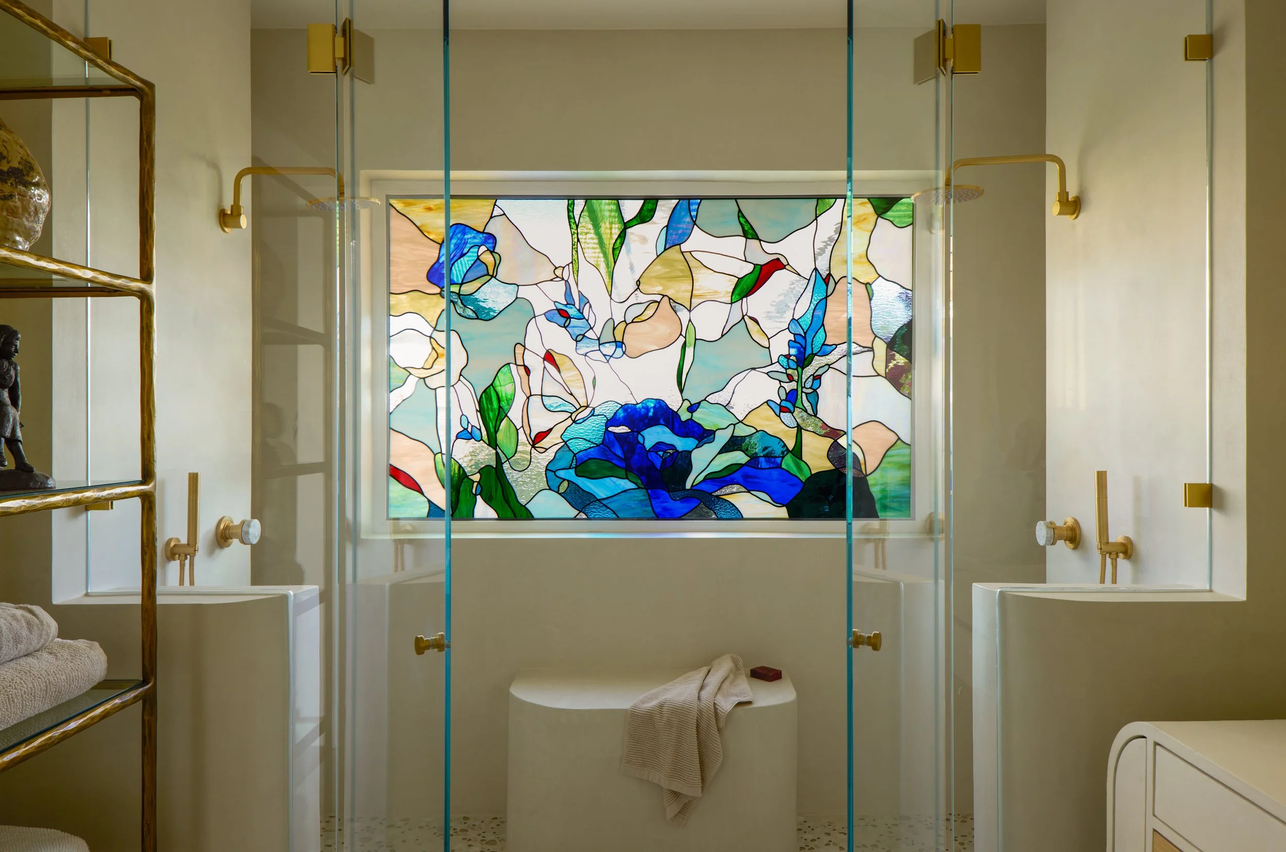 Custom Floral Abstract Blue Green Gold Stained Glass Window with Butterfly and Hummingbird