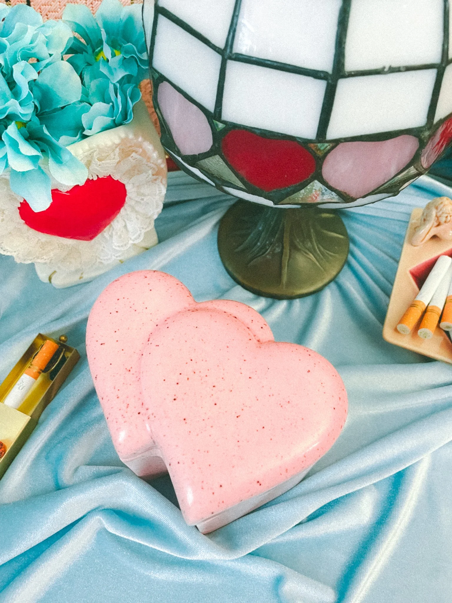 *NEW* ceramic speckled pink double heart trinket box