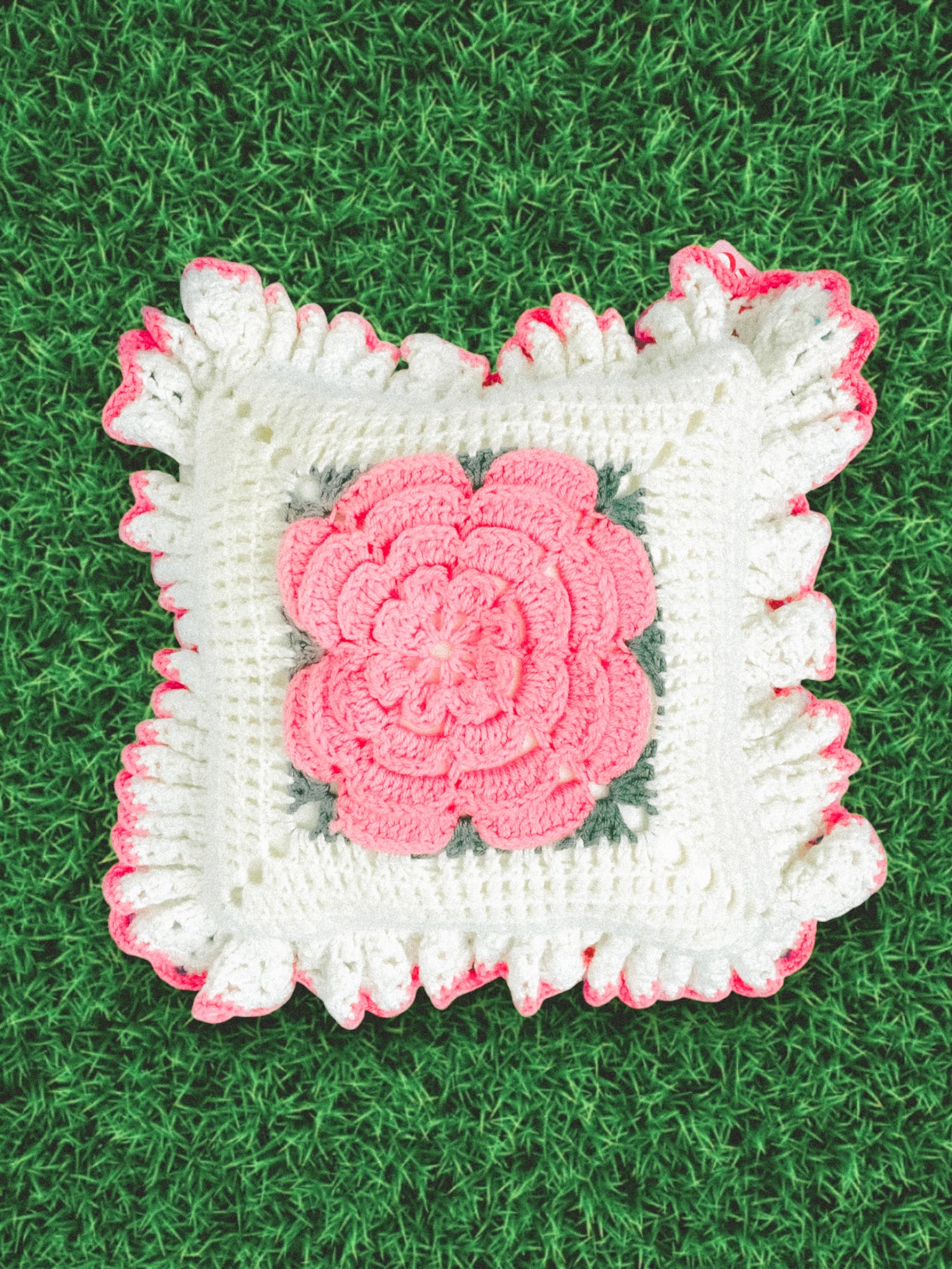 pink rose crochet throw pillow