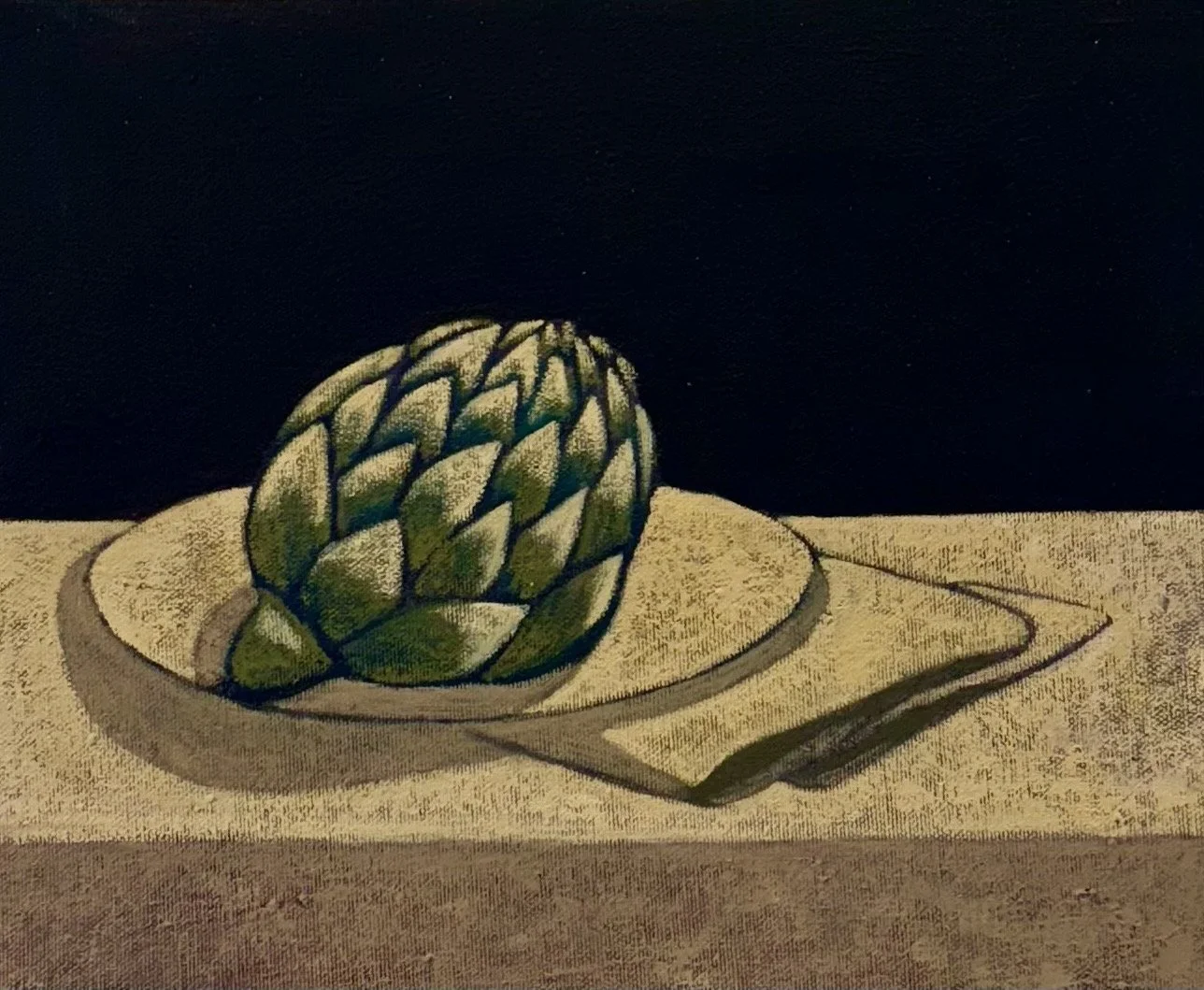 Artichoke on a Plate, 12 x 10 inches, Oil on Canvas, 2025