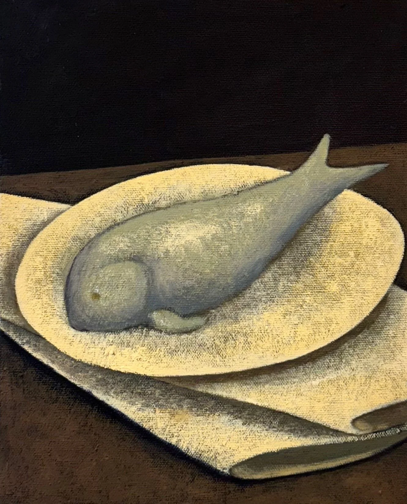 Fish on Plate with Napkin, Oil on Canvas, 9.5 x 8 inches, 2025