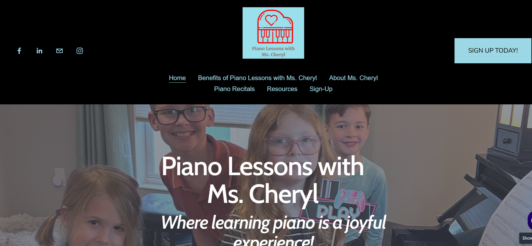 Website homepage for piano lessons with Ms. Cheryl, showing a group of children around a piano, smiling, with a header and navigation menu.