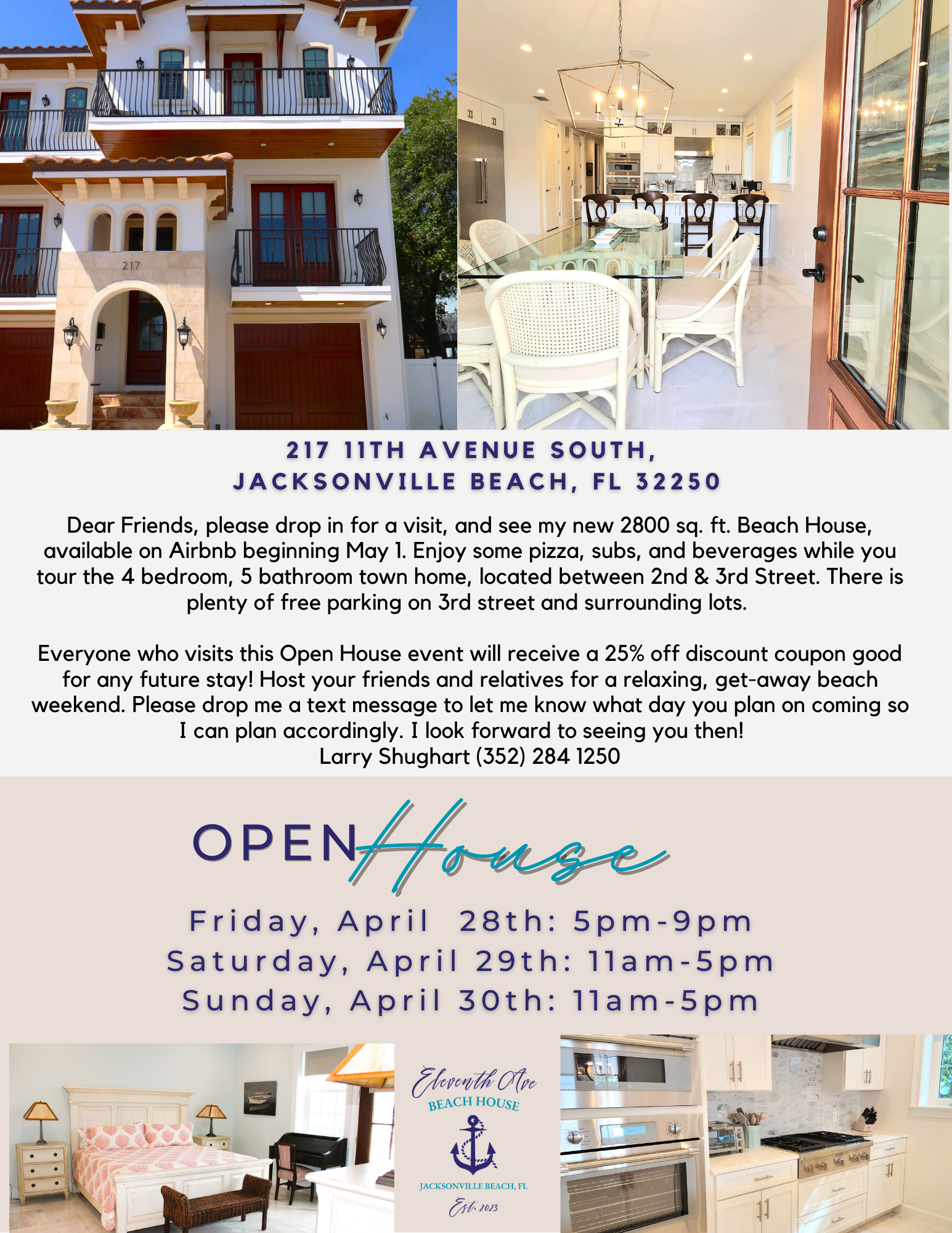 Flyer for an open house event at a beach house in Jacksonville Beach, Florida, featuring photos of the exterior, interior, kitchen, and bedroom. The flyer includes details about the address, dates, times, and contact information.