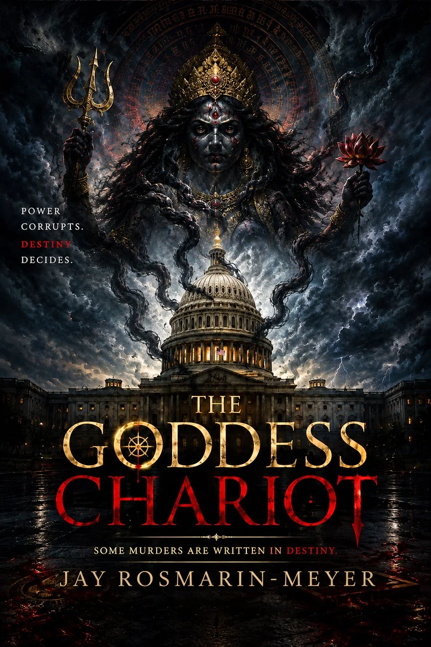 Dark and ominous digital artwork featuring a fierce goddess with a crown, multiple horns, and dark flowing hair, holding a trident in one hand and a lotus flower in the other, towering over a dark Capitol building under a stormy sky with lightning, promoting a book titled 'The Goddess Chariot'.