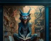 A demonic imp with pointed ears, and blue fur, sitting on a book in an eerie library setting with glowing symbols and twisted trees.