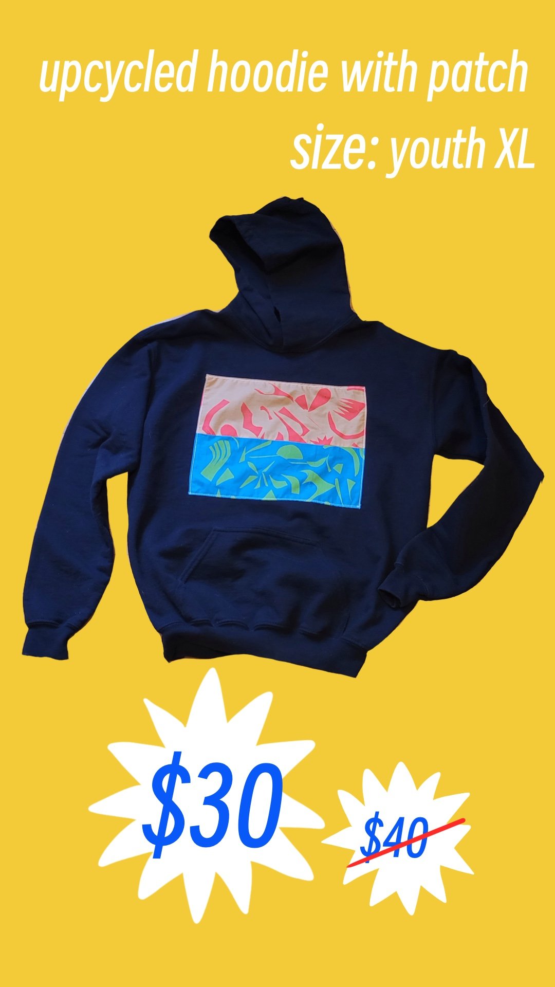 YOUTH black upcycled hoodie w/patch (youth XL)