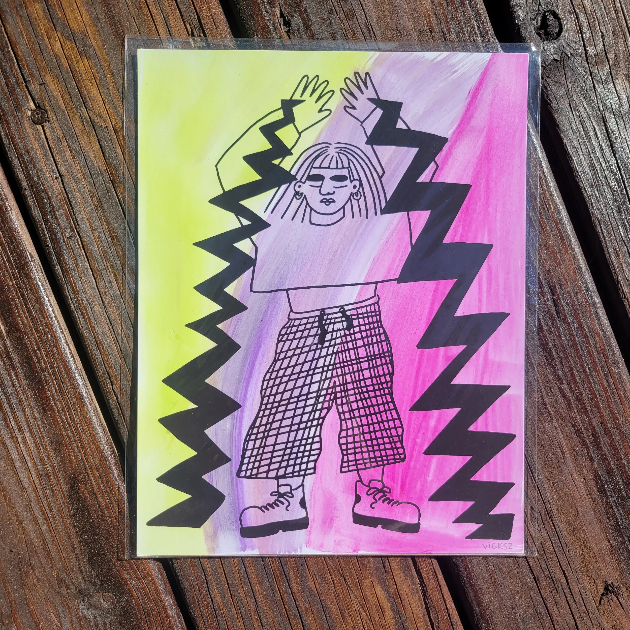 The Power - black ink and green, purple, pink backgorund