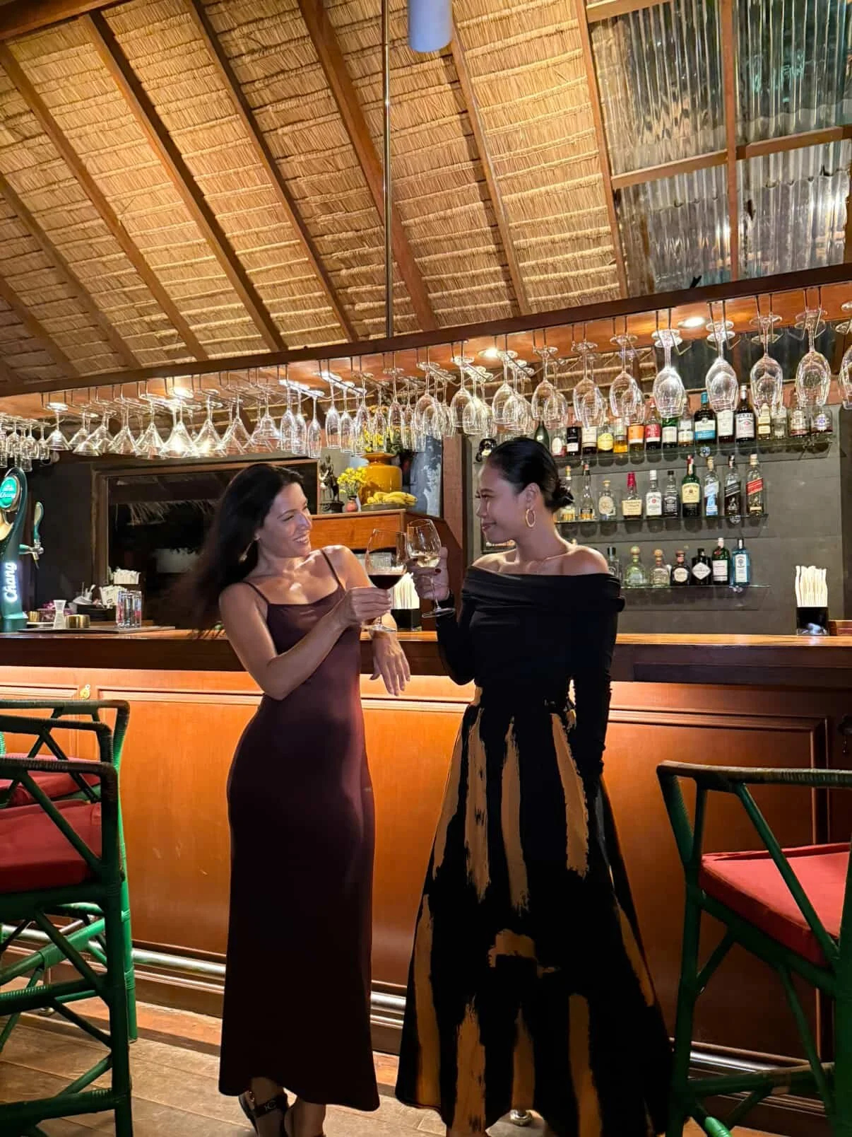 Two women standing at a bar, raising glasses of red wine and smiling at each other in a cozy, well-lit bar with hanging wine glasses and liquor bottles in the background.