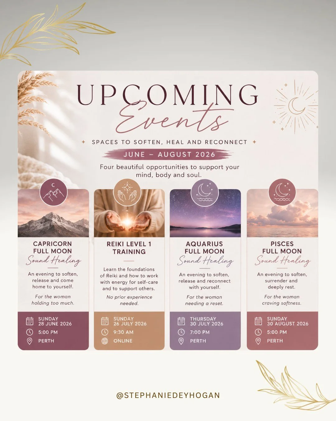 Over the next few months, I&rsquo;ll be holding a series of nourishing events to support nervous system healing, deep rest and reconnection.

🌕 Capricorn Full Moon Sound Healing - 28 June
✨ Reiki Level 1 Training - 26 July
🌕 Aquarius Full Moon Soun
