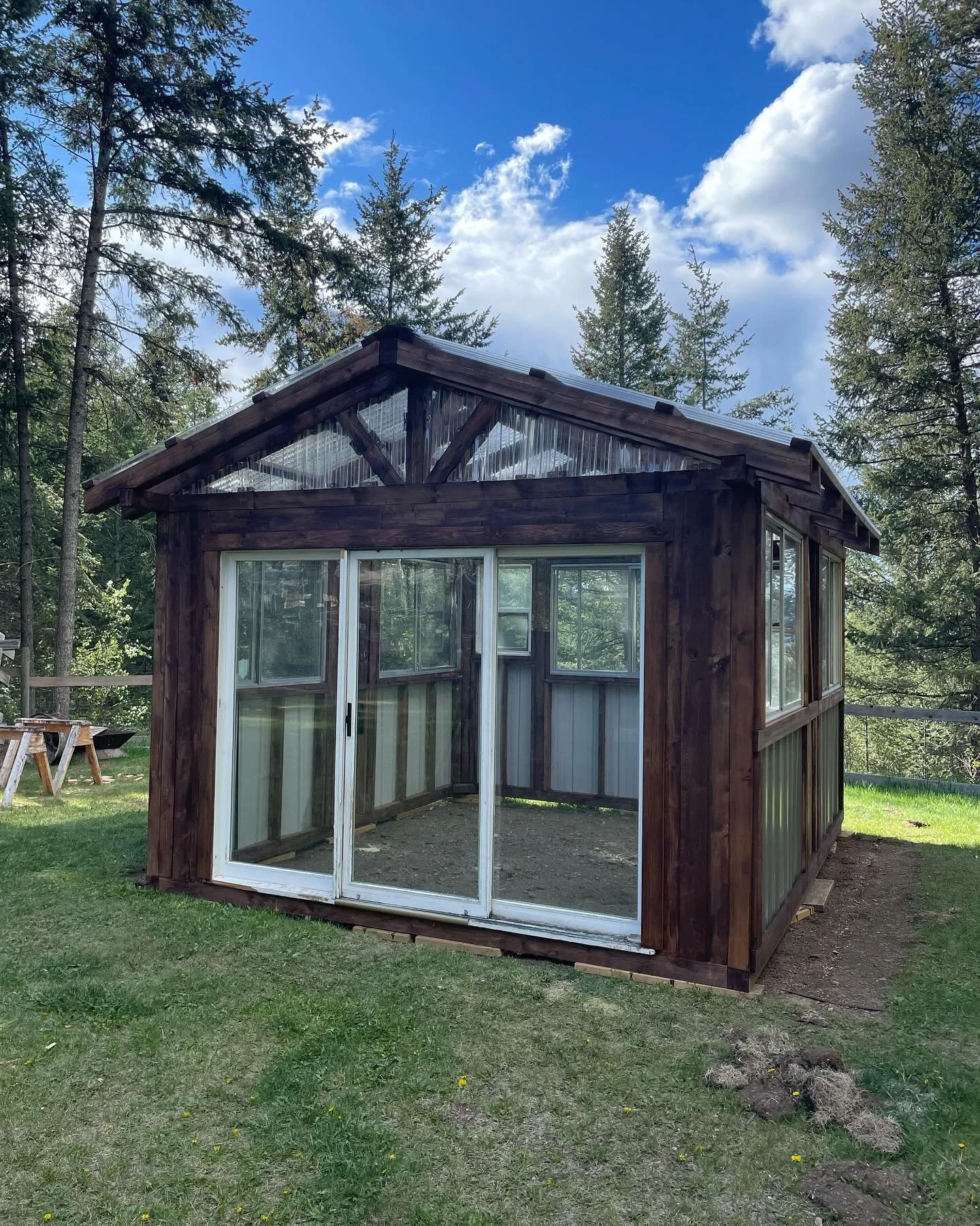 One of a kind post &amp; beam greenhouse, using recycled windows, an almost 9ft by 7ft recycled sliding glass door, and metal wainscoting around the sides. Plenty of room to grow anything &amp; everything!