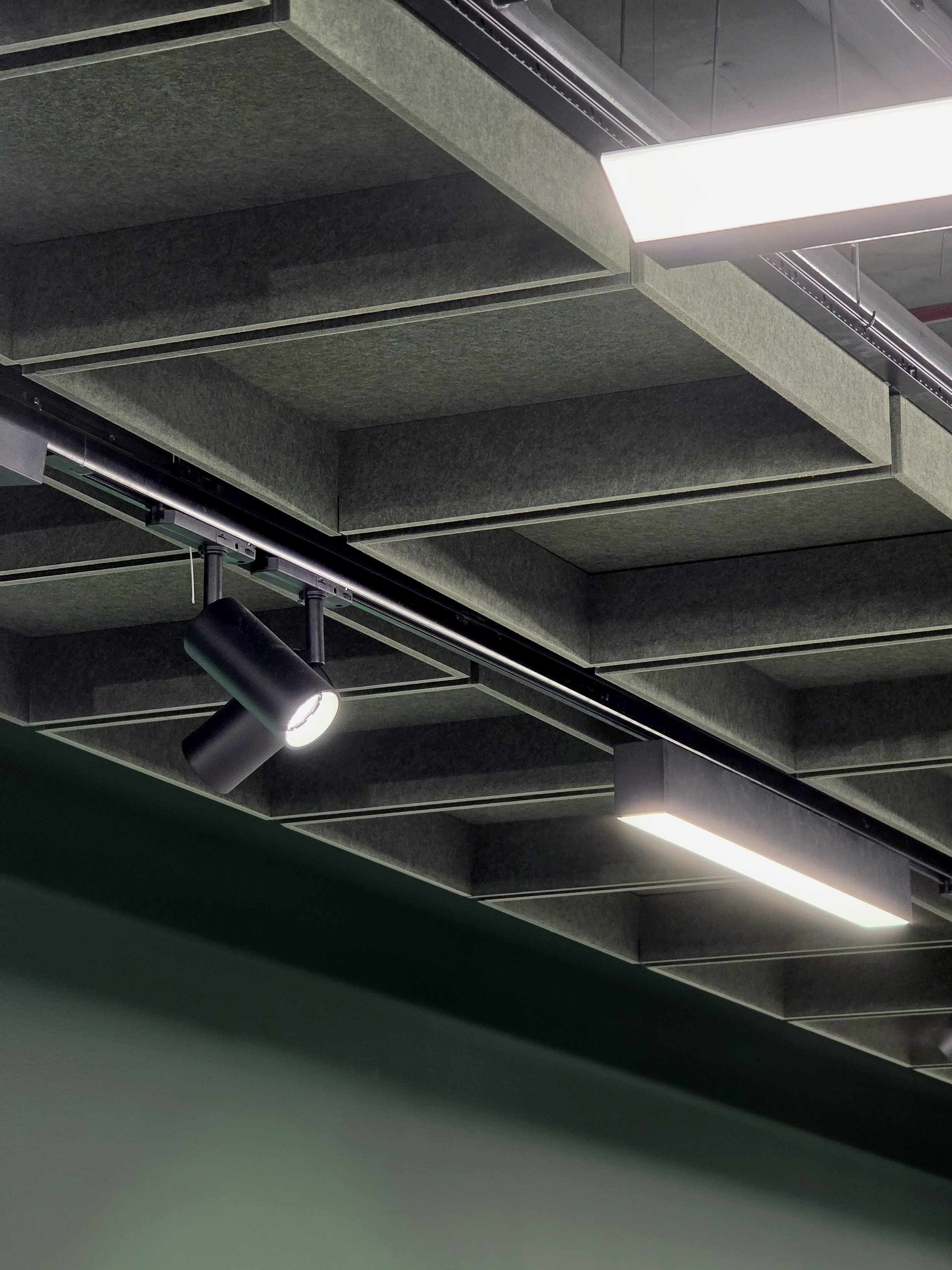 Ceiling with acoustic panels, fluorescent lights, and a spotlight.