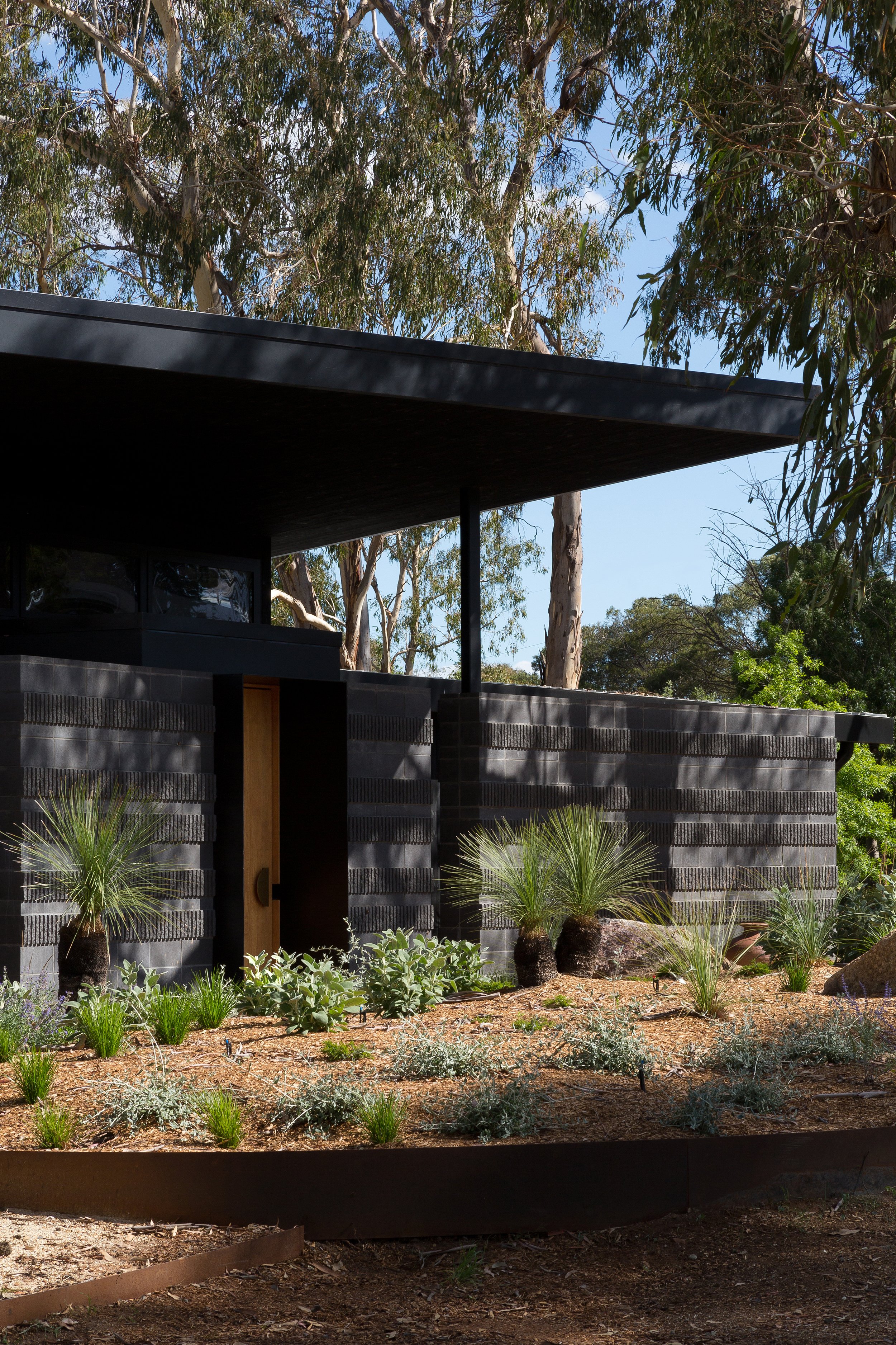 Modern black building with a flat roof, surrounded by desert plants, rocks, and mulch, with tall trees in the background and a clear blue sky.