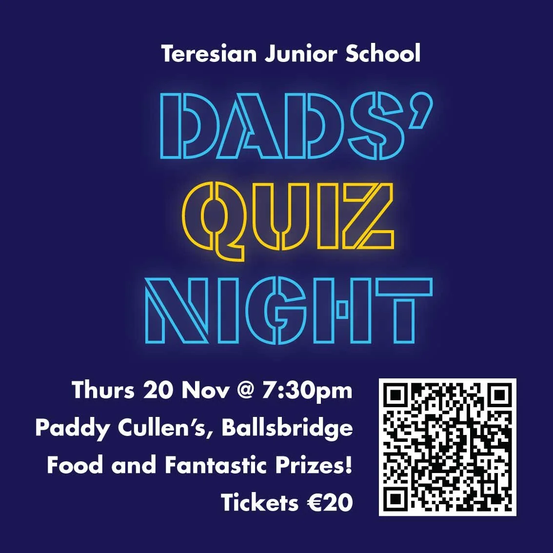 Calling all Pre and Junior School Dads! Come and show off your general knowledge at our Dads Quiz Night on Thursday 20th November. Buy your tickets for €20 using the QR code. We'll organise the teams so don't worry about coming alone!