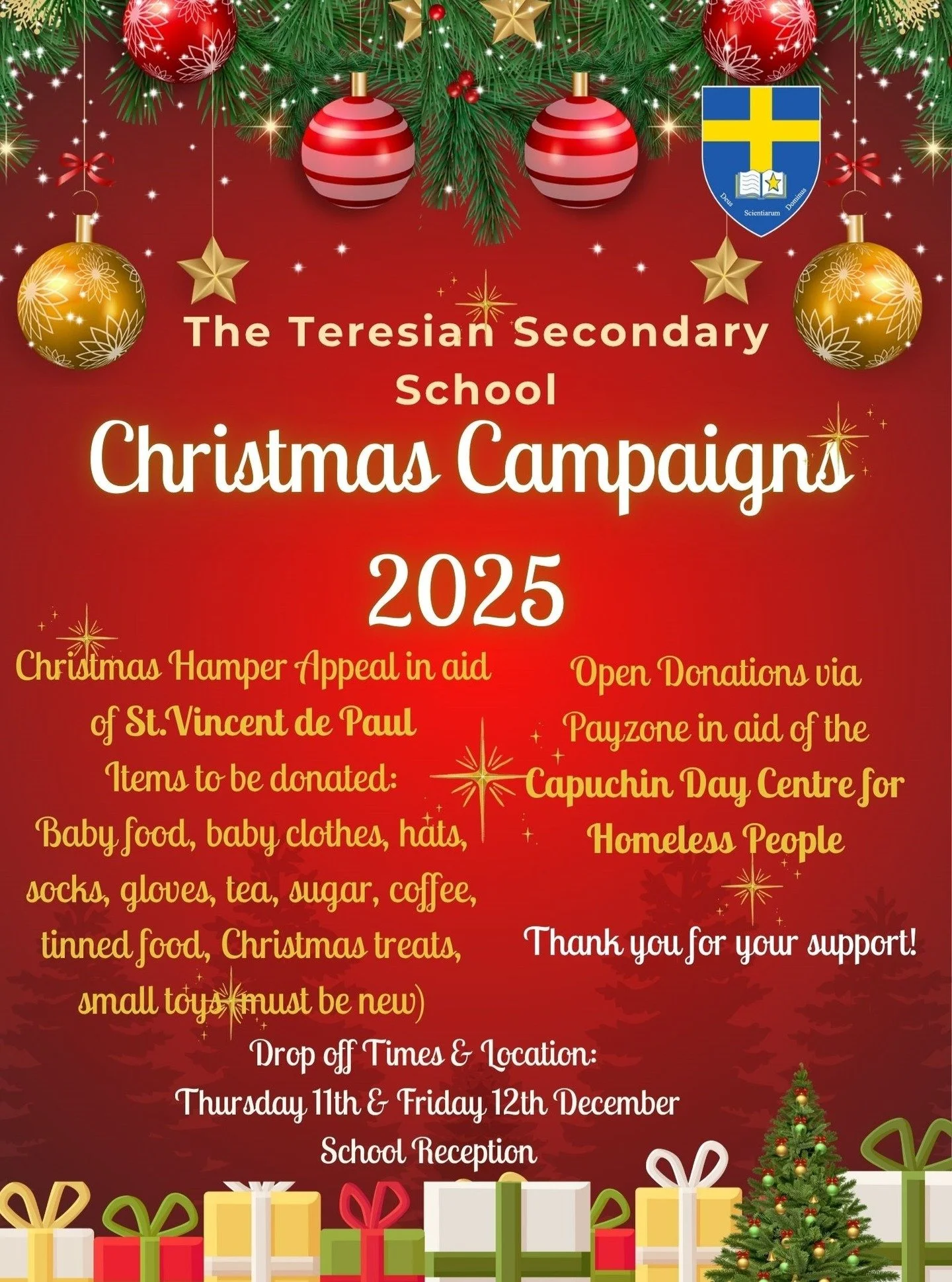 The Teresian Secondary School Christmas Campaigns will be held on Friday December 12th. All students are being asked to contribute to hampers for St Vincent de Paul @svp_ireland and financial donations can be made to the Capuchin Day Centre for Homel