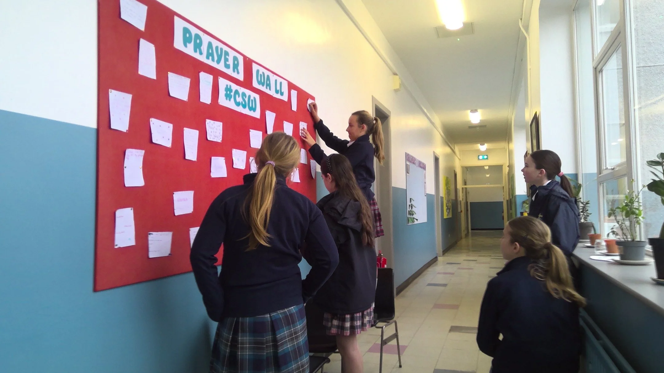 Our 6th Year Ministers of the Eucharist had the fantastic idea of creating a prayer wall for #CSW. A group of first years are helped to put up prayers, wishes and thoughts. 
The 1st and 6th Year students also met for a 'Chill and Chat' session. It wa