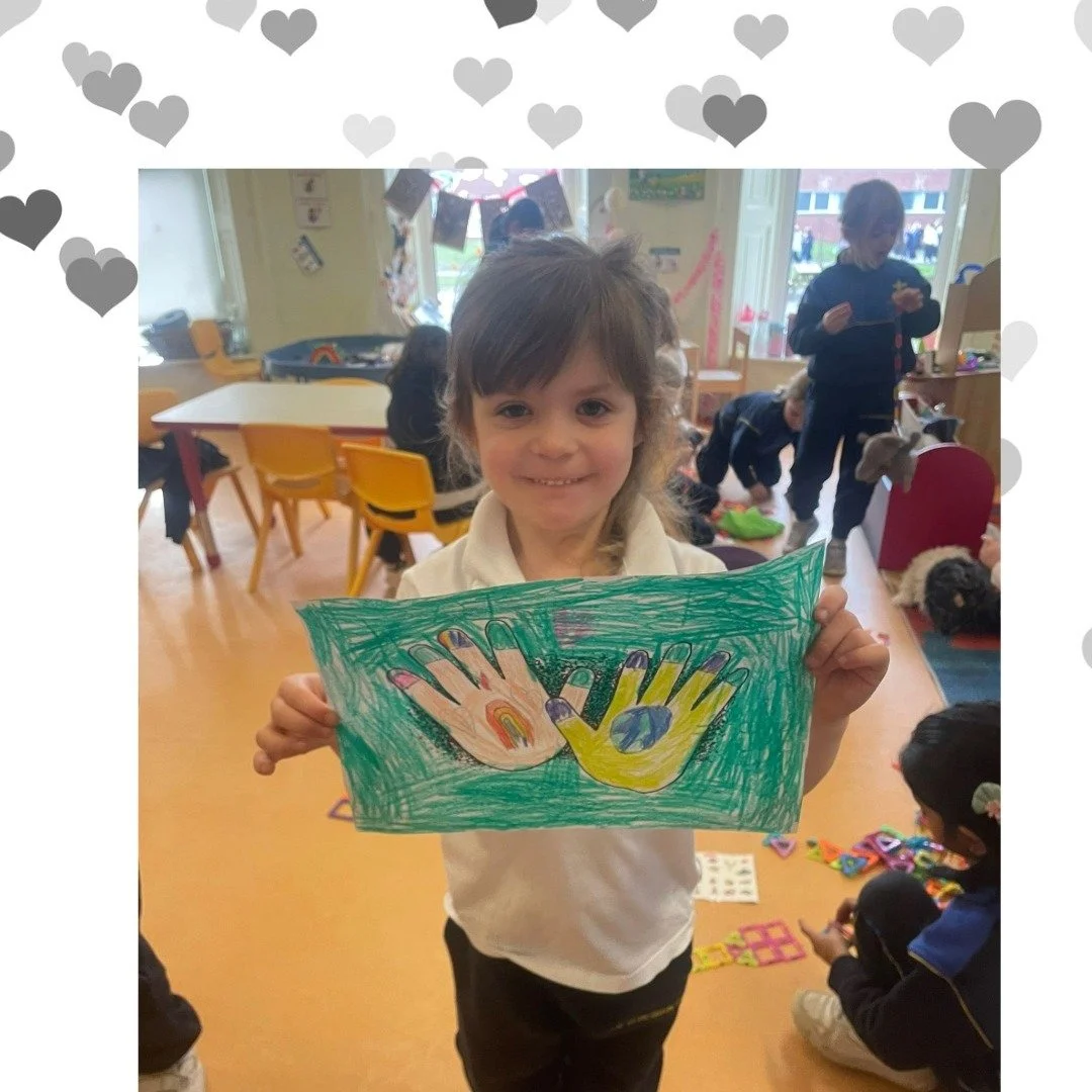 Students from Kinder A proudly display their lovely drawings about things they want to thank God for and Class 3 students made beautiful posters about the daily theme of Catholic Schools Week #CSW2026 dublindiocese @catholiceducationirl
