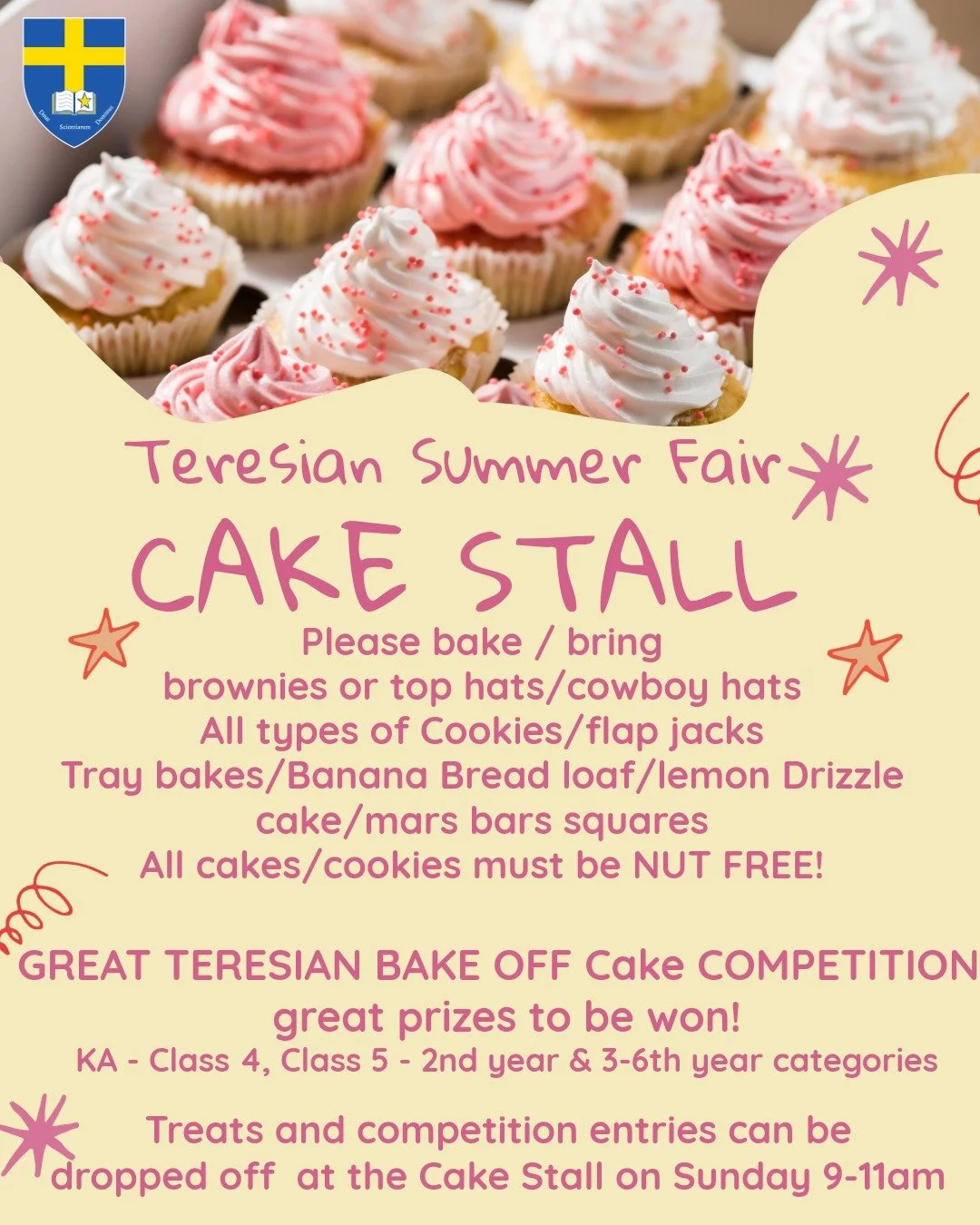 Calling all bakers! The Cake stall need your help. They are looking for 
brownies or top hats/cowboy hats, cookies, flap jacks, tray bakes, Banana Bread loaf, lemon drizzle cake, mars bar squares.
All cakes/cookies must be NUT FREE! 
Please label any
