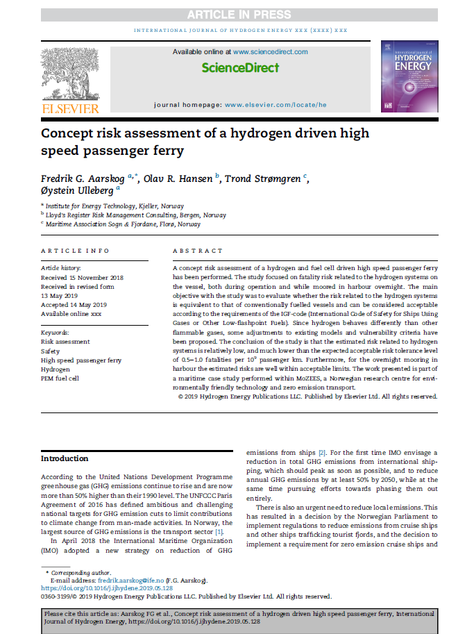 Low risk associated with hydrogen on ferries