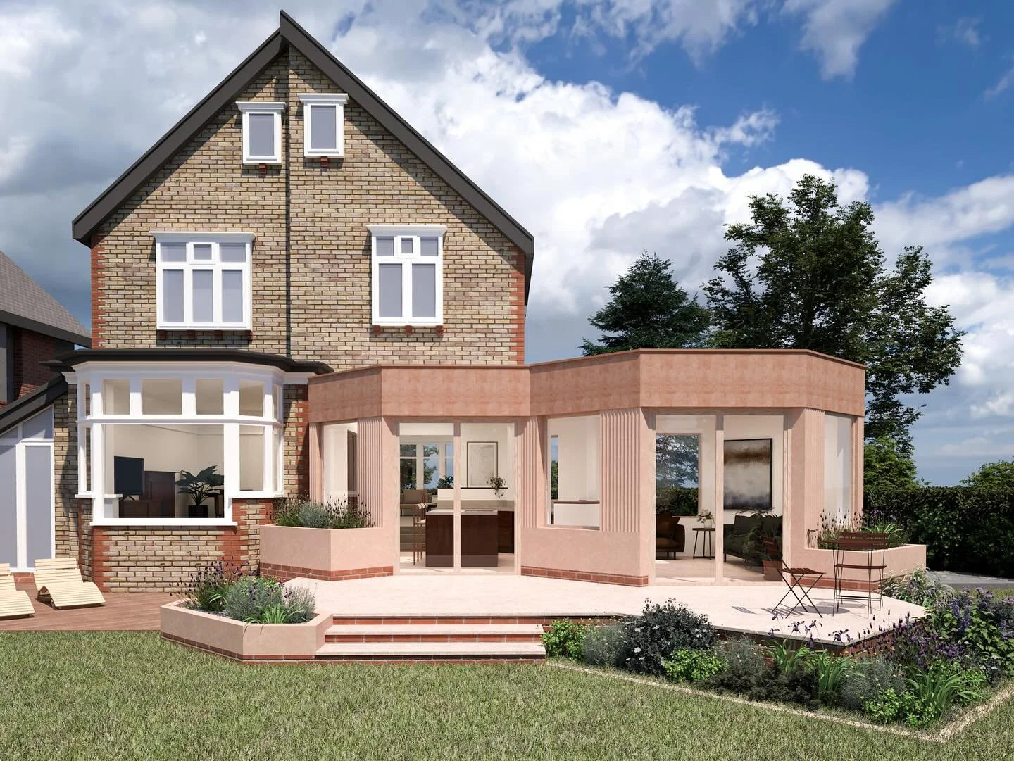 Happy to share some concept images of our latest scheme in Hale.

The form is informed by the geometry of the existing bay window, resulting internally in an extension that balances open-plan spatial qualities with the creation of distinct zones.

We