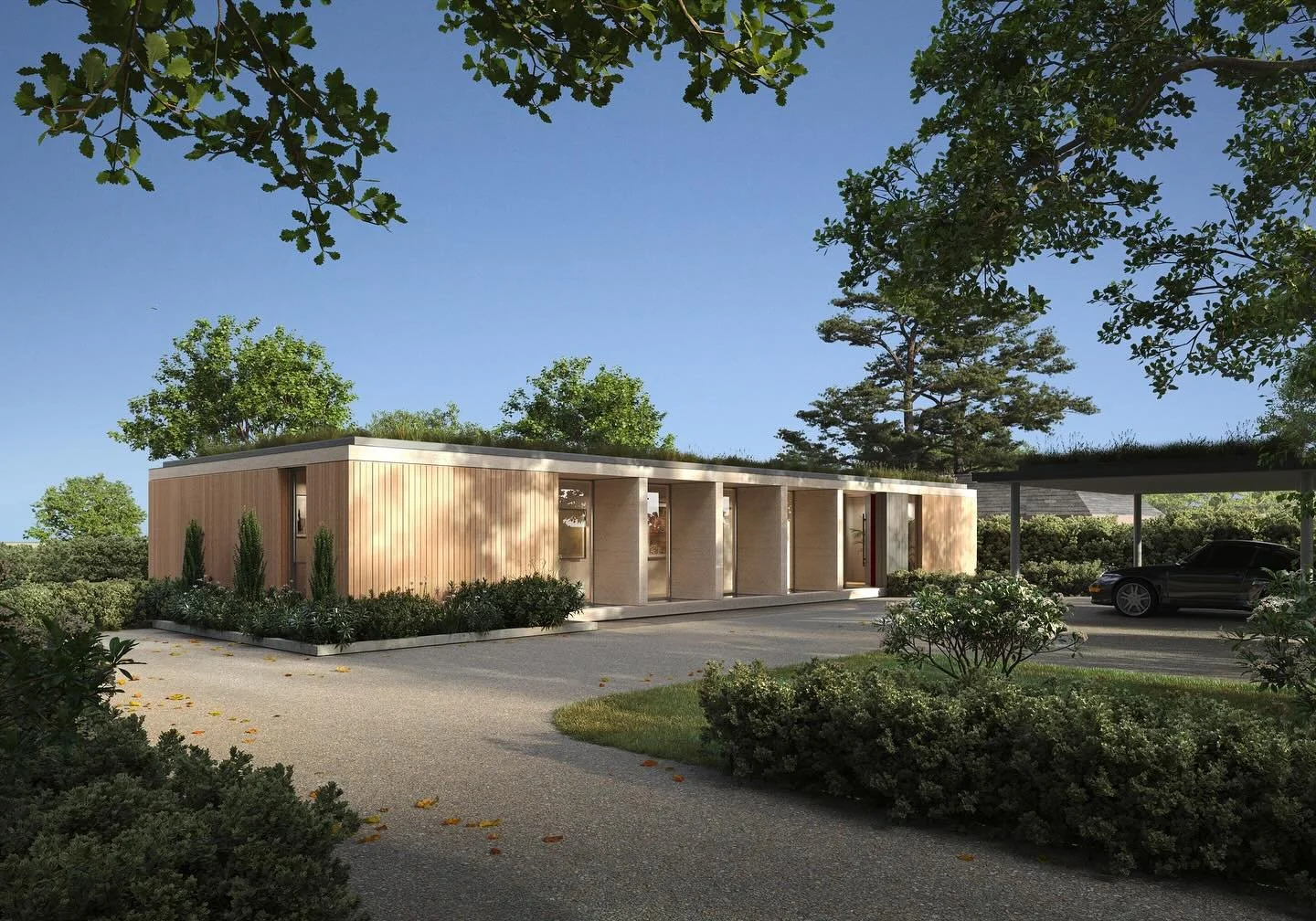 Introducing Stables 

This low-profile, timber-clad home replaces an existing structure within the greenbelt, carefully designed to preserve openness and meet planning policy. The four-bedroom house includes a basement leisure suite with a swimming 