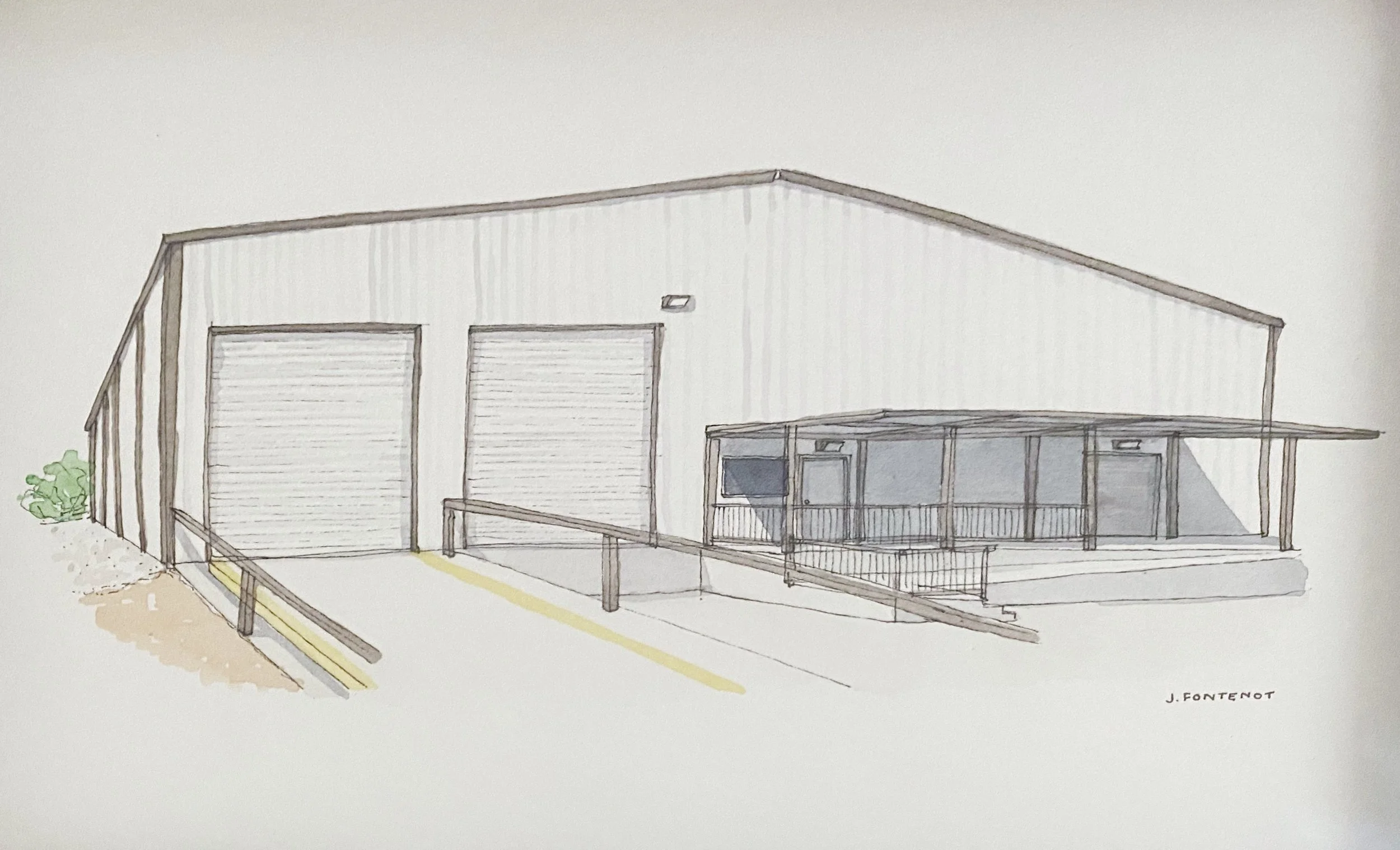 Illustration of a warehouse with two large closed garage doors, a small dock area with railings, and a ramp on a white background.