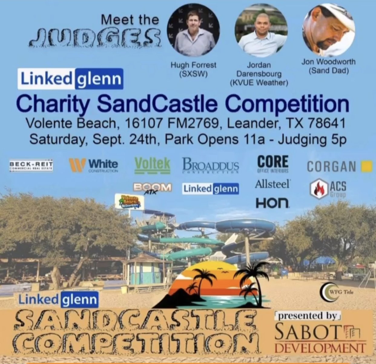 Charity Sandcastle Competition at Volente Beach, Leander, TX on Sept 24th, organized by Linked Glenn, featuring judges Hugh Forrest, Jordan Darensbourg, and Jon Woodworth. Includes logos of sponsors like Beck-Reit, White Construction, and Sabot Devel
