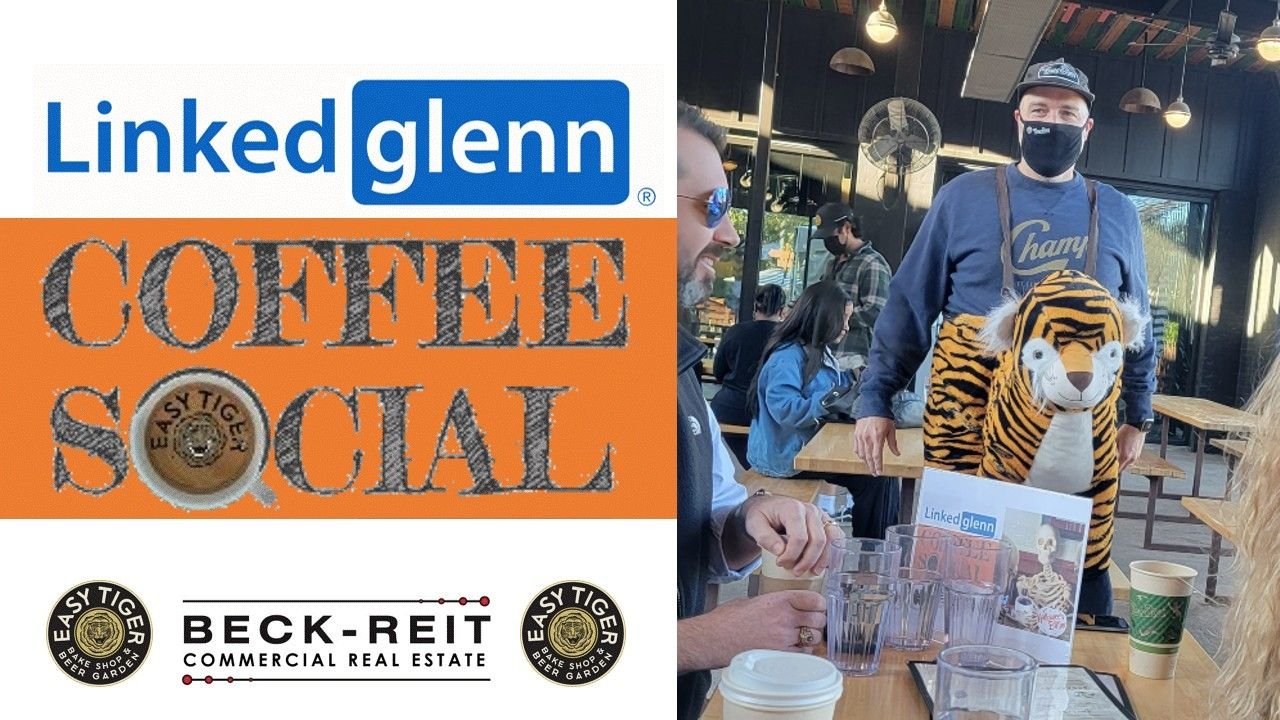 A social event with logos for Linked Glenn, Coffee Social, Easy Tiger, and Beck-Reit Commercial Real Estate. A person wearing a tiger outfit stands among people sitting at a table with drinks.