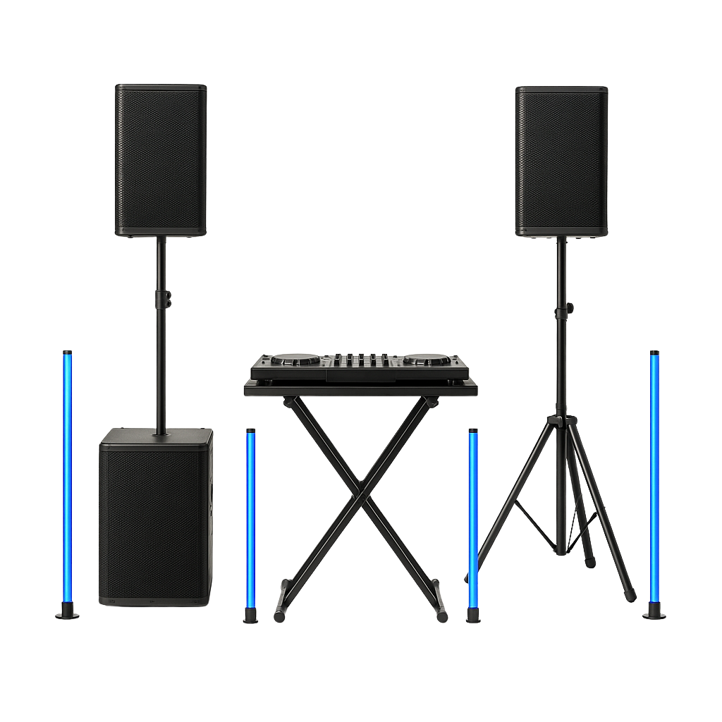 DJ-setup med top og bundhøjtaler, kort mellemrør, DJ-pult på krydsstativ og fire blå LED-lysrør placeret symmetrisk til mellemstore fester.