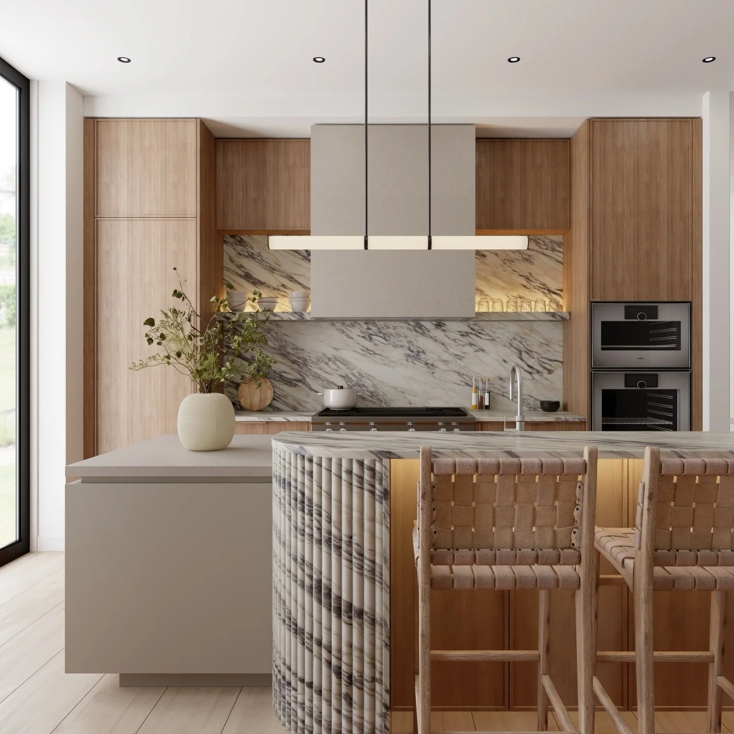 S K Y L I N E  H O U S E ✨

A kitchen designed to feel calm, connected and quietly luxurious, while delivering the functionality needed for serious cookery. 

The striking Arabescato marble was carefully sourced from Italy for its beautifully bold ve