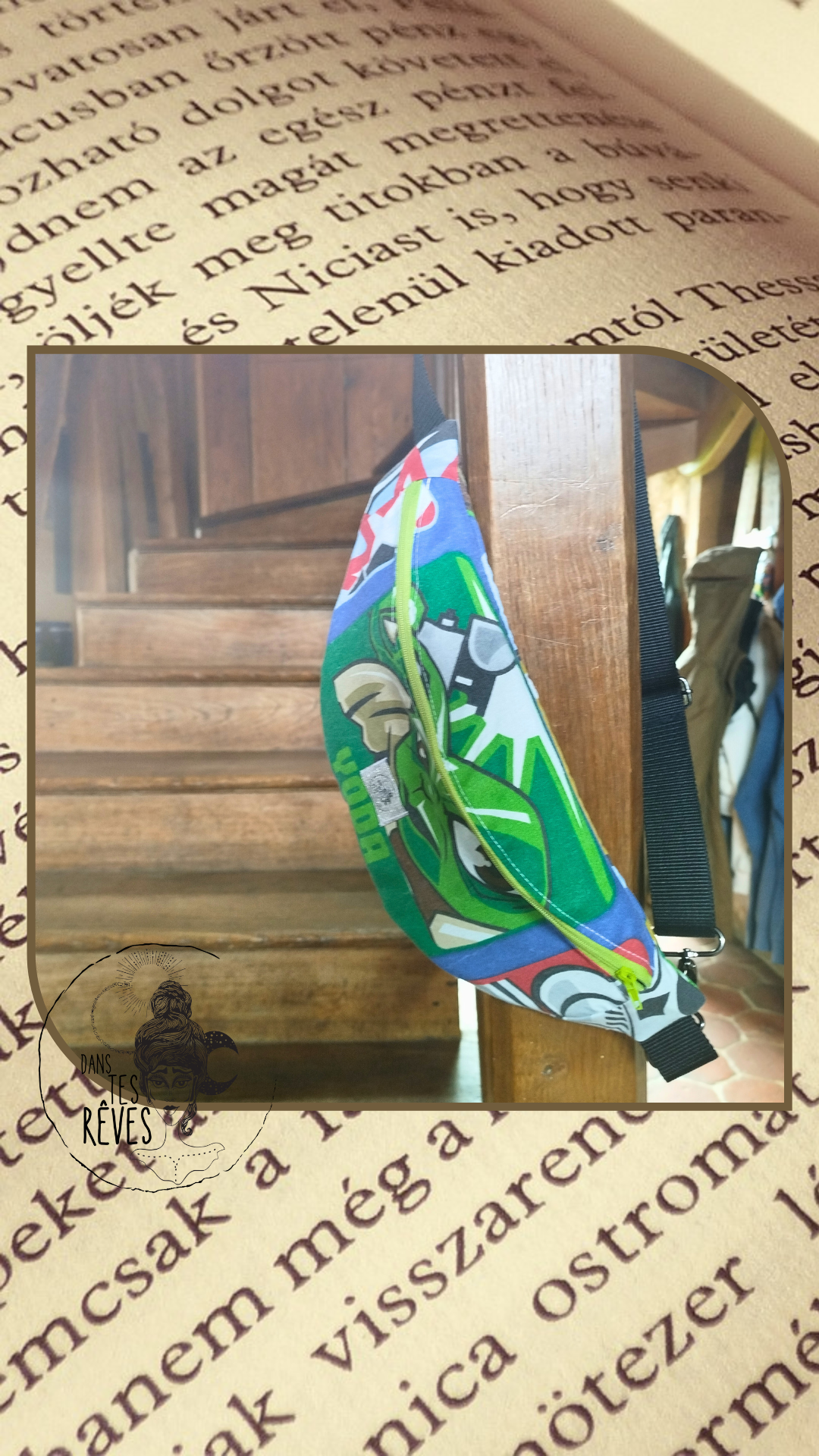 photo d'un sac banane de la marque dans tes reves upcyclé à partir d'un dessin de maître yoda
