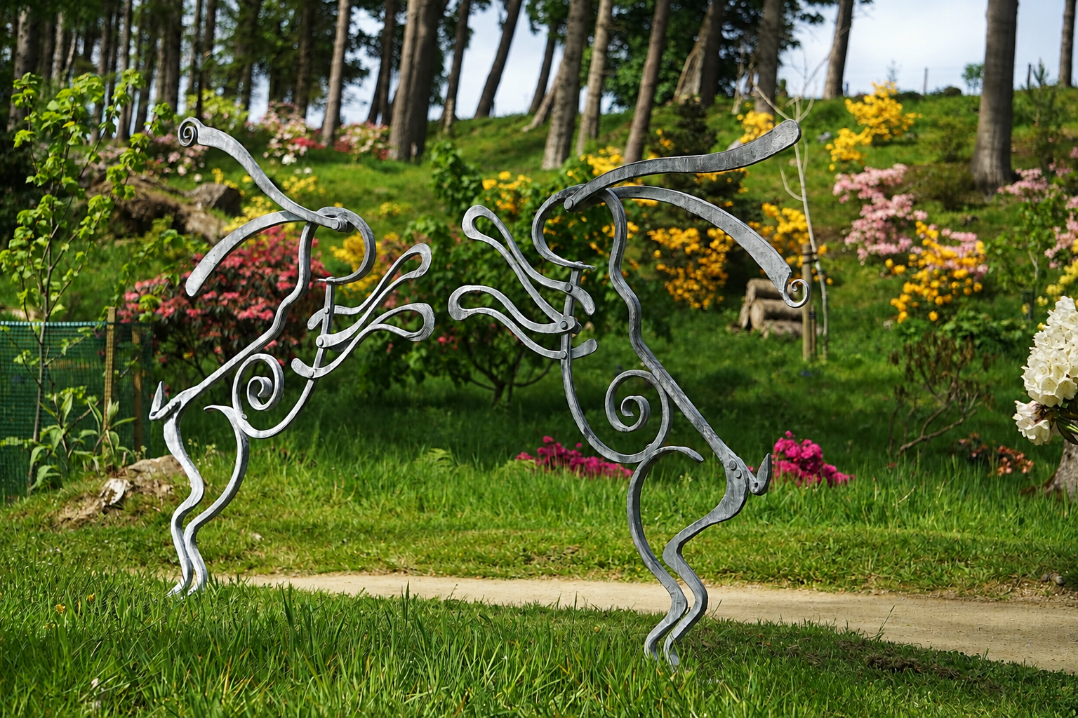 boxing hares spring mischief sculpture in garden setting with galvanised finish