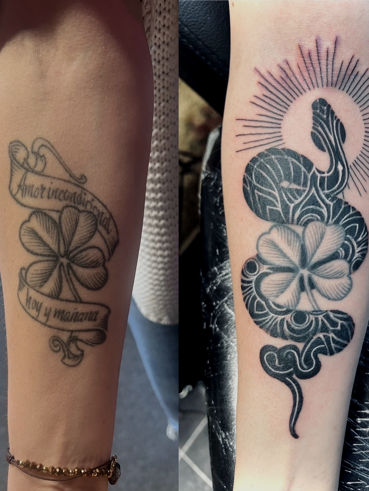 vanhan tatuoinnin uudistus ja peittotyö musta käärme ja neliapila, sädekehä