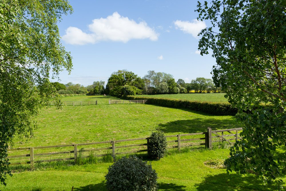  a series of 3 fenced paddocks with  a large hedged in field to the right  