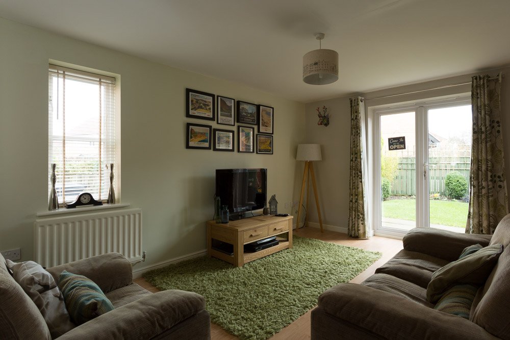  dark living room with pale green walls, wooden floor, green high pile rug and French doors to the garden 