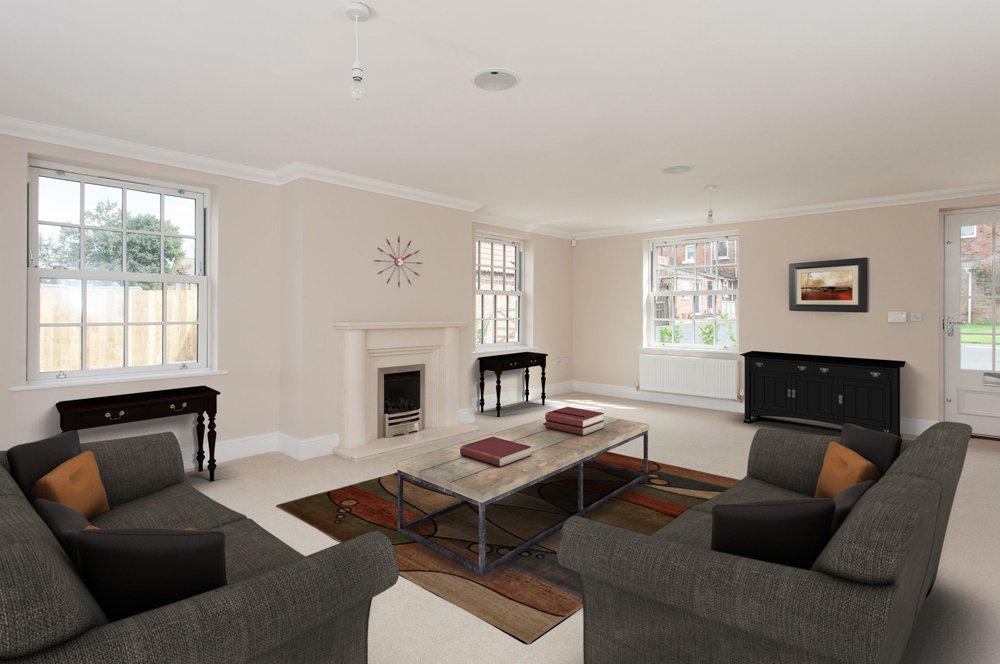  same magnolia living room with gas fireplace with CGI sofas, coffee table and rug 