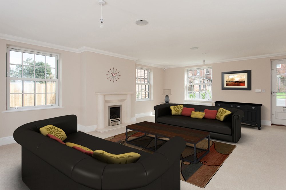  same magnolia living room with gas fireplace with CGI sofas, coffee table and rug alternative setup 