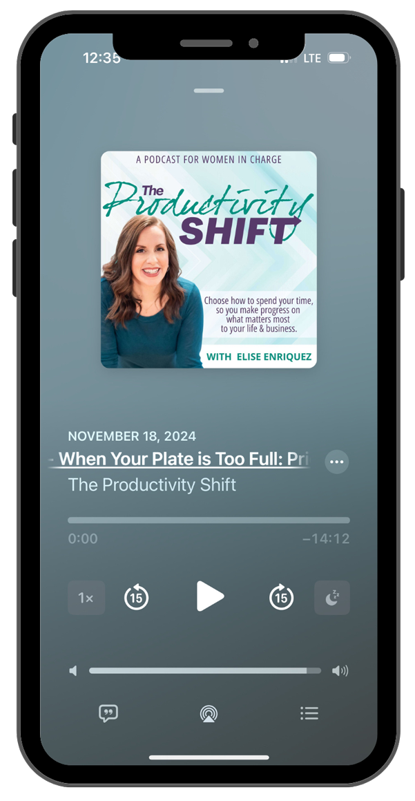 Smartphone screen showing "The Productivity Shift" podcast with episode title "When Your Plate is Too Full: Prioritize." The episode is 14 minutes and 12 seconds long.