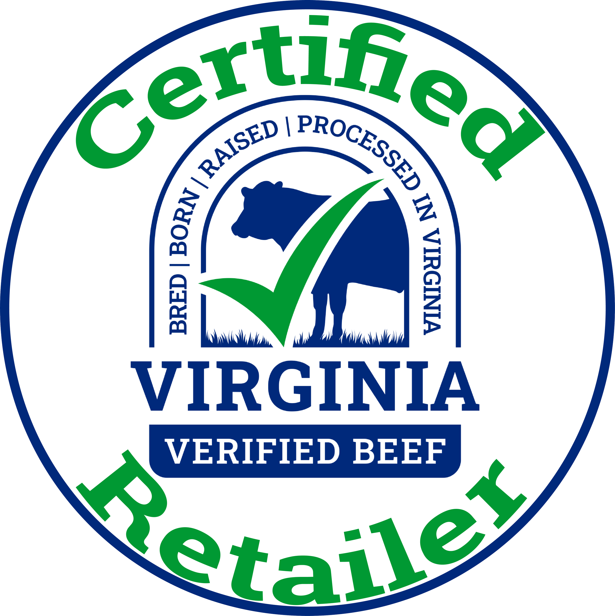 Close-up of a circular badge with the text 'Certified' in green at the top, 'Verified' in blue at the bottom, and 'Recommended' in blue at the center, along with a blue silhouette of a cow and a green checkmark.