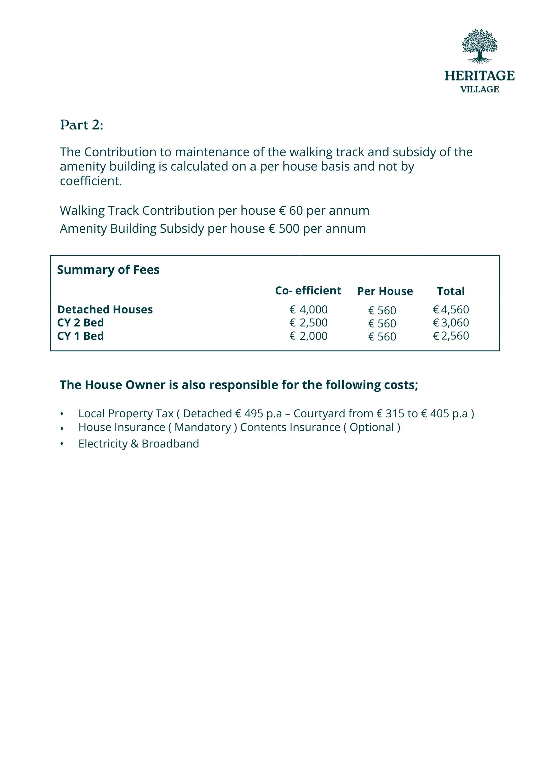 Part 2 of a document from Heritage Village discussing costs related to walking track maintenance, subsidy calculations, and fees for different types of houses, including detached, CY 2 Bed, and CY 1 Bed, with additional costs for property tax, insurance, and utilities.