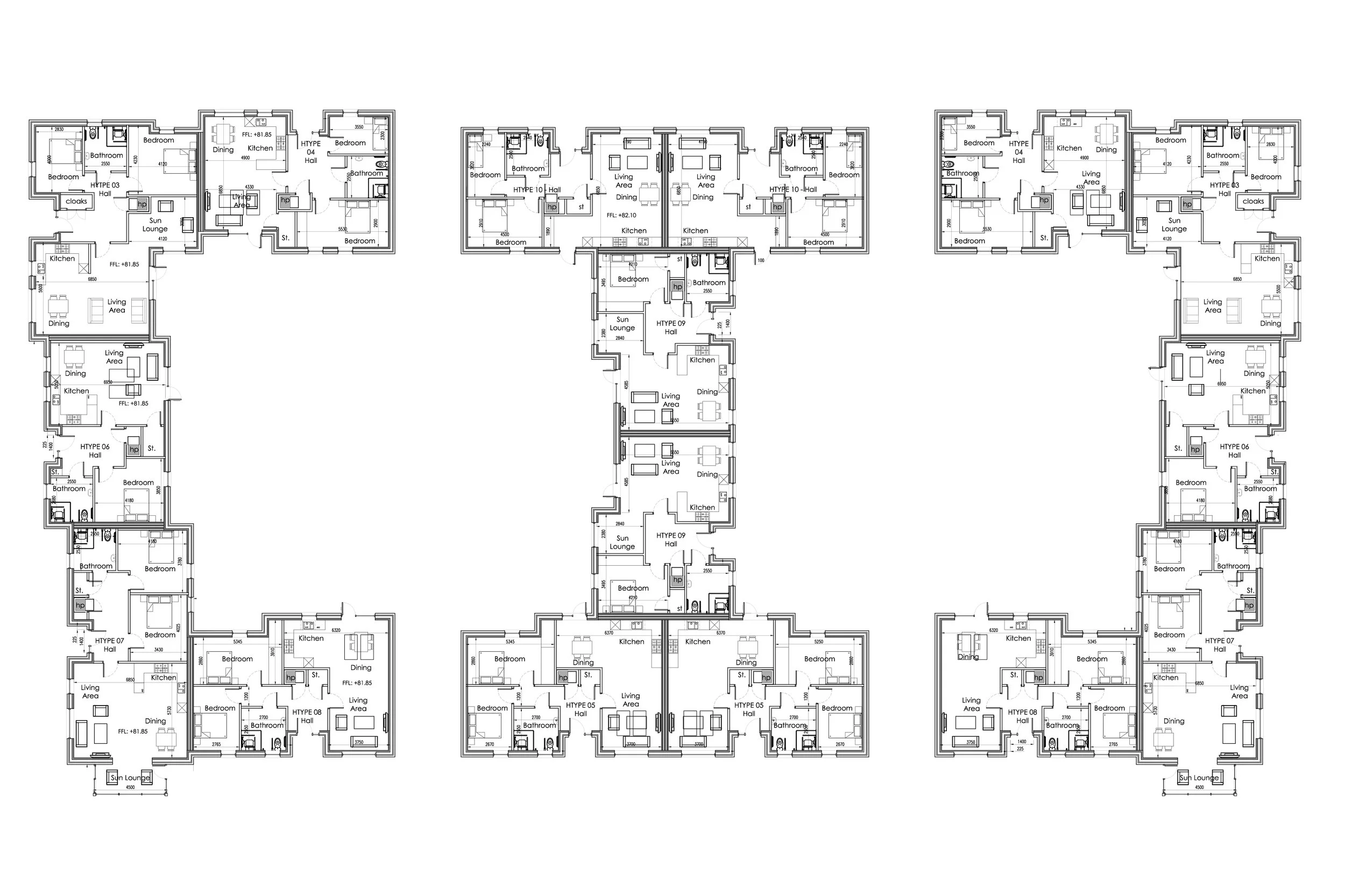 Architectural floor plan of a multi-unit residential building arranged in a U-shape with multiple apartments, each labeled with room functions such as bedroom, bathroom, kitchen, living area, dining, and sun lounge.
