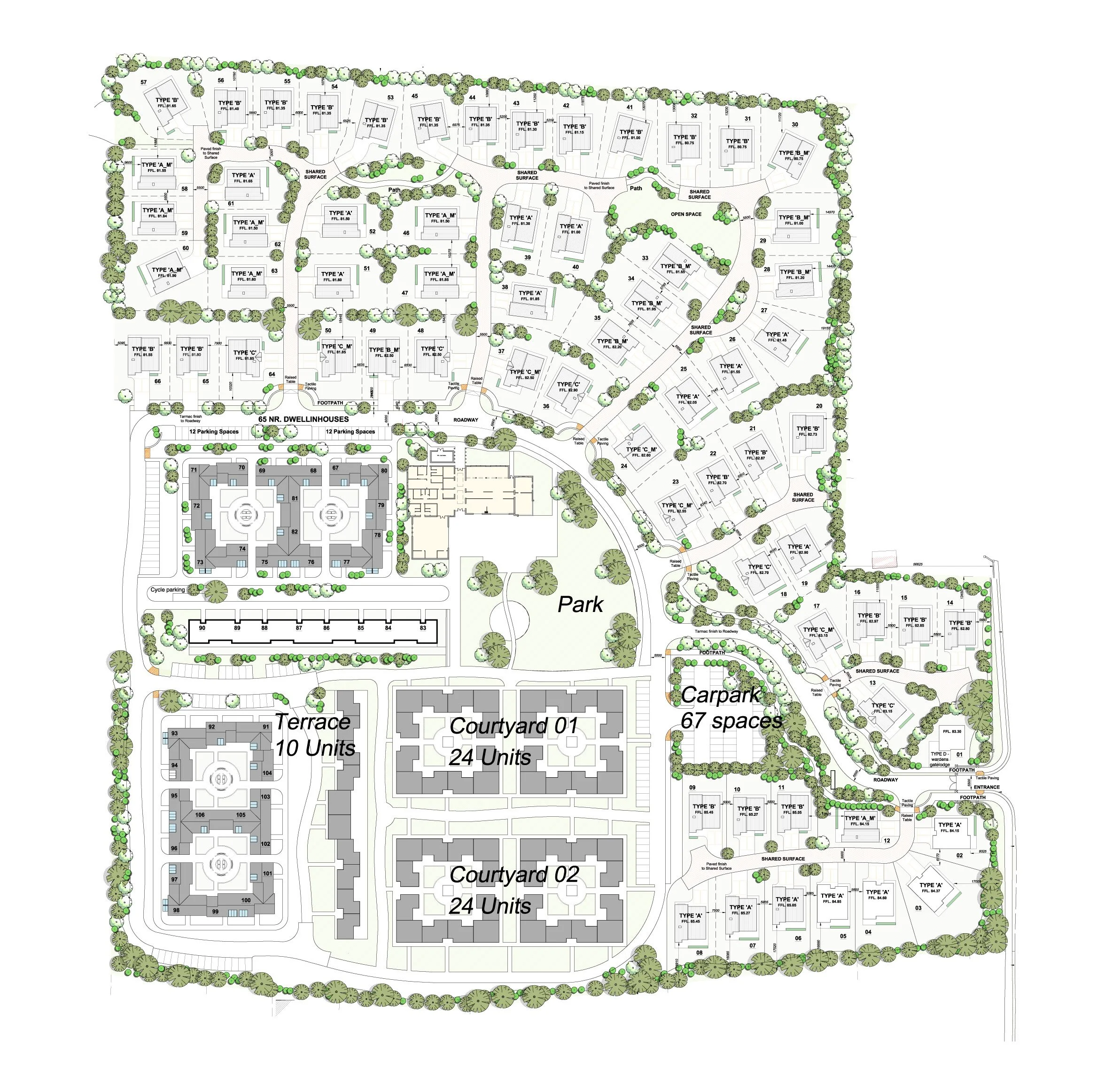 A detailed site plan of a residential complex showing various buildings, parking areas, a park, playground, courtyards, terraces, and pathways, with labels for different housing types and amenities.