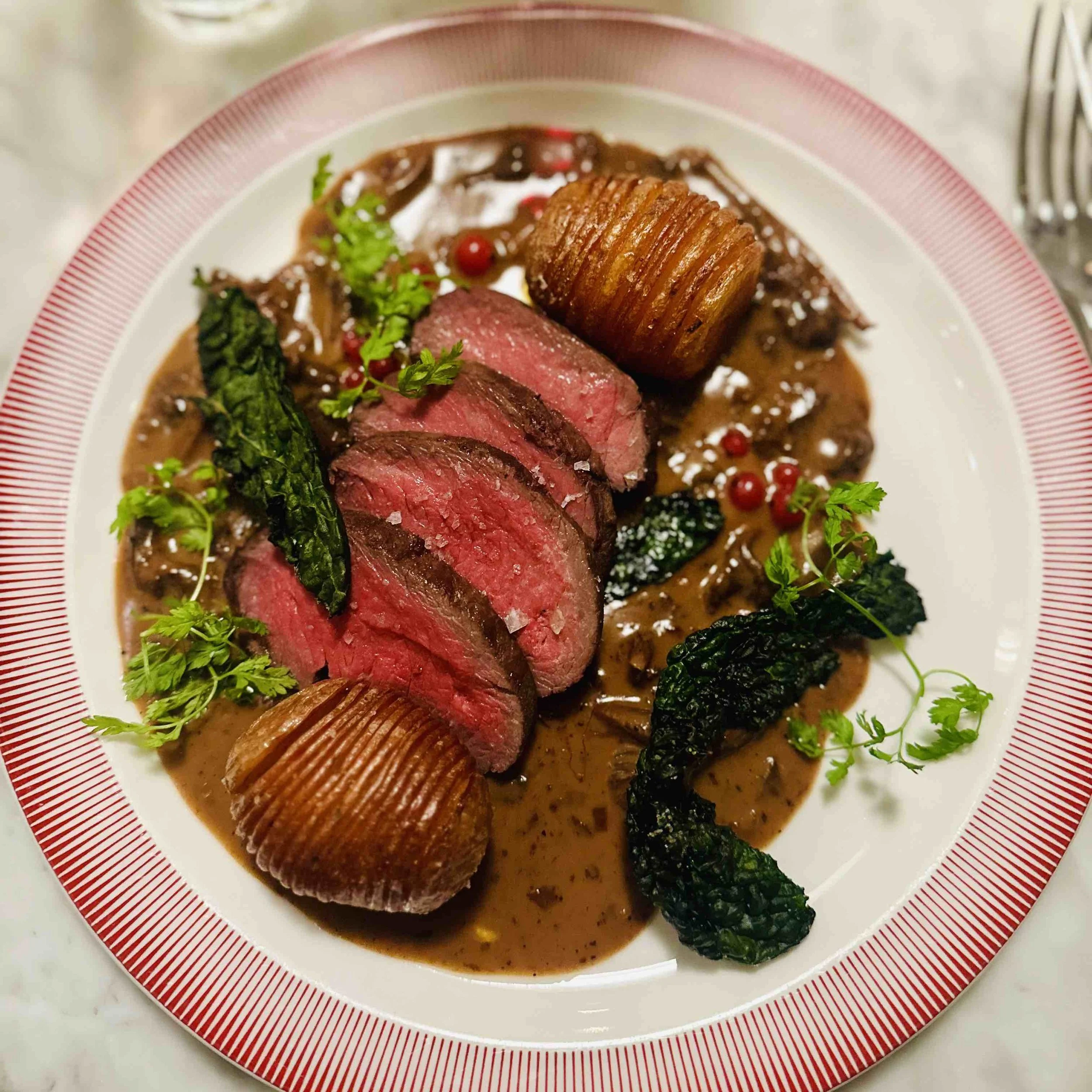 Pan-Seared Venison with Hasselback Potatoes &amp; Mushroom Cream