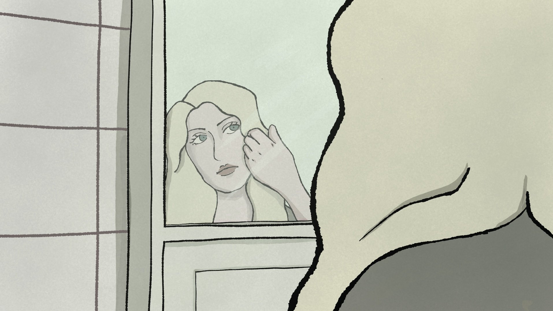 Drawing of a woman looking in a mirror while applying makeup, with a partial view of a person's shoulder in the foreground.