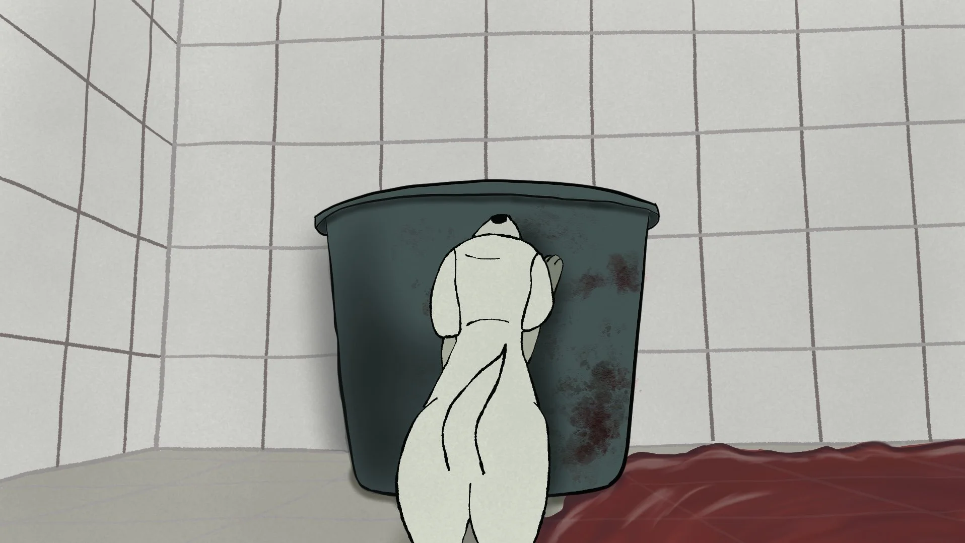 A white dog with black markings sniffs a dirty trash can in a tiled room with bloodstains on the floor.