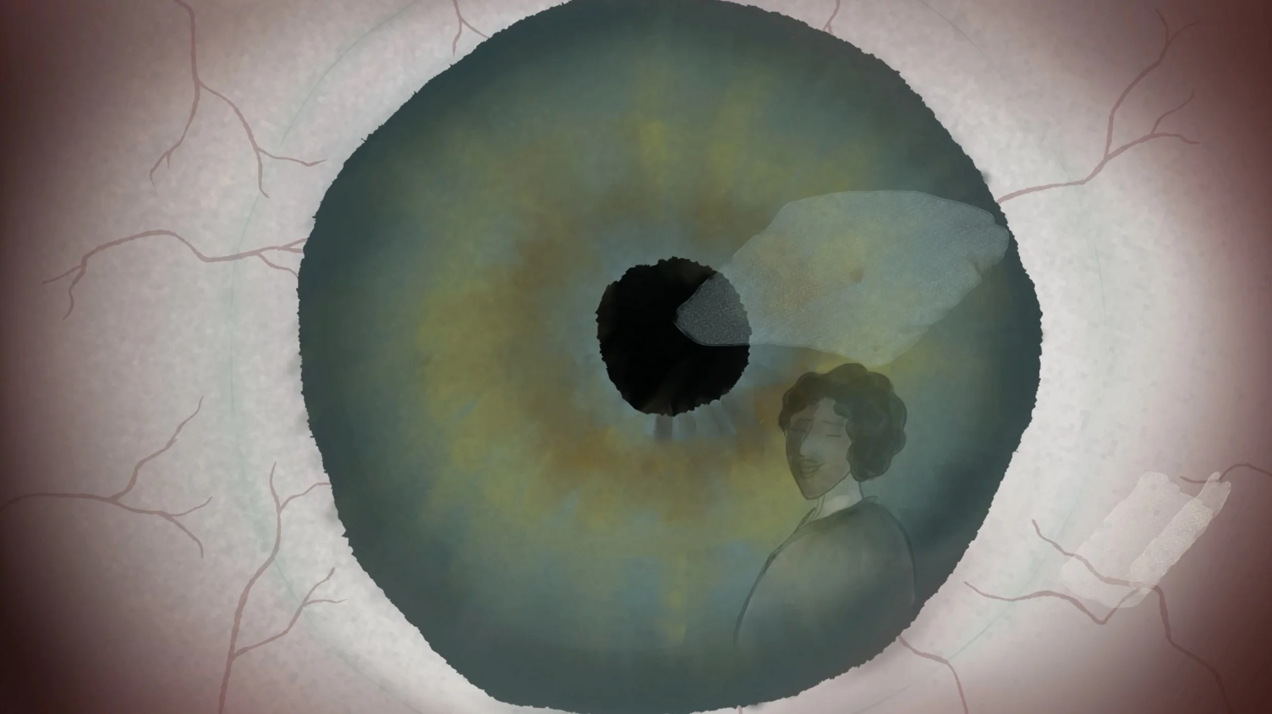 A view through an eye's pupil showing a cartoonish illustration of a woman with headphones, surrounded by colors and shadows.